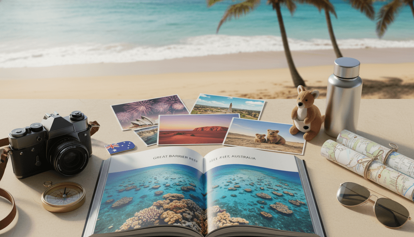 A beautifully arranged flat lay of travel essentials showcasing top Australian destinations. Foreground features a stylish travel guidebook open to a vibrant page on the Great Barrier Reef, surrounded by a high-quality camera, a compass, and various travel maps. In the middle, there’s an elegantly curated selection of postcards displaying iconic sites like the Sydney Opera House and Uluru, lightly scattered around. The background reveals a soft-focus beach scene with gentle waves and palm trees, capturing the warmth of an Australian sun. Natural light filters in, creating a bright and inviting atmosphere that inspires wanderlust. The image conveys a sense of adventure, professionalism, and the excitement of exploring Australia, perfectly embodying the essence of expert travel recommendations. A beautifully arranged flat lay of travel essentials showcasing top Australian destinations. Foreground features a stylish travel guidebook open to a vibrant page on the Great Barrier Reef, surrounded by a high-quality camera, a compass, and various travel maps. In the middle, there’s an elegantly curated selection of postcards displaying iconic sites like the Sydney Opera House and Uluru, lightly scattered around. The background reveals a soft-focus beach scene with gentle waves and palm trees, capturing the warmth of an Australian sun. Natural light filters in, creating a bright and inviting atmosphere that inspires wanderlust. The image conveys a sense of adventure, professionalism, and the excitement of exploring Australia, perfectly embodying the essence of expert travel recommendations.