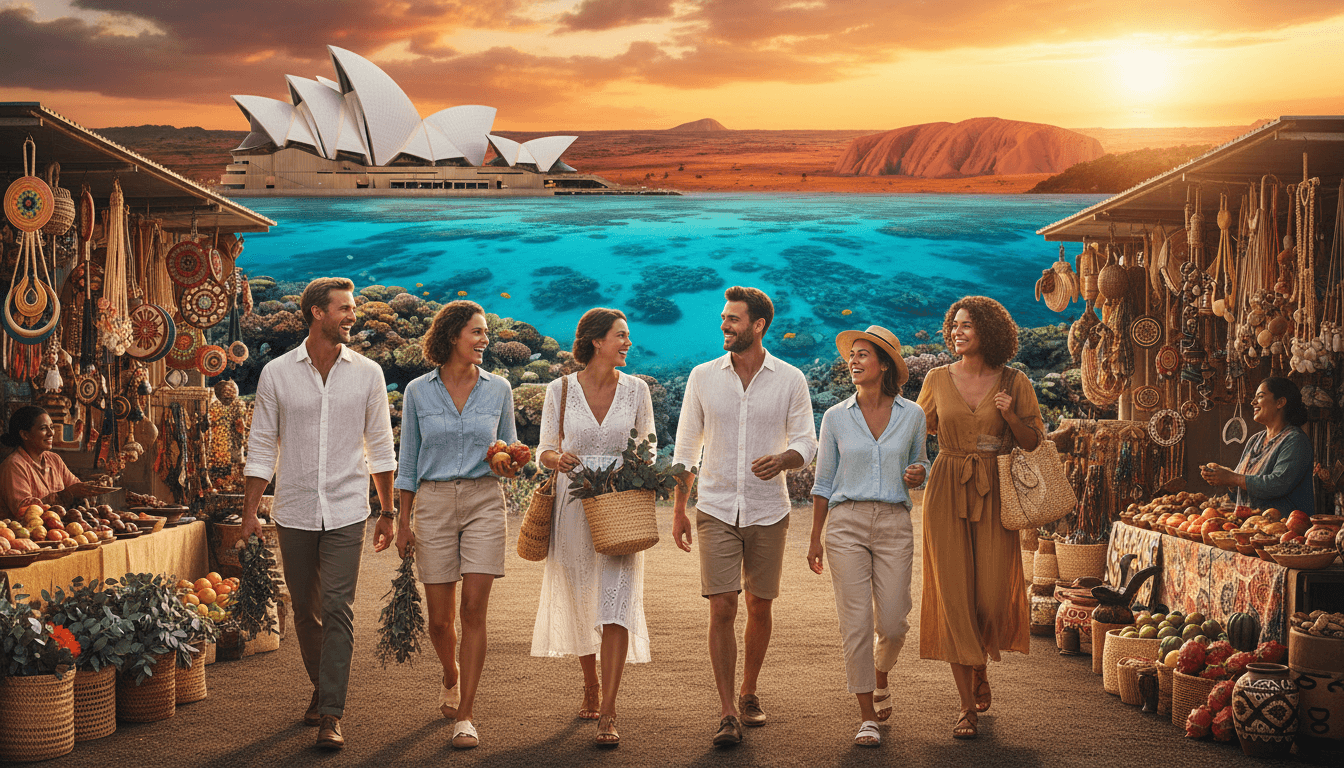 A breathtaking scene showcasing highly recommended Australian travel experiences. In the foreground, a diverse group of travelers, dressed in smart casual attire, smiles as they explore a vibrant local market filled with native produce and artisan crafts. In the middle ground, iconic landmarks like the Sydney Opera House and the Great Barrier Reef are visible, symbolizing Australia's unique attractions. The background features a stunning sunset over the rugged outback, casting warm golden hues over the landscape. The atmosphere is lively and inviting, filled with the sounds of laughter and chatter. Use soft, natural lighting to enhance the vibrant colors of the market and landmarks, focusing on a wide-angle lens to capture the expansive beauty of the Australian scenery. A breathtaking scene showcasing highly recommended Australian travel experiences. In the foreground, a diverse group of travelers, dressed in smart casual attire, smiles as they explore a vibrant local market filled with native produce and artisan crafts. In the middle ground, iconic landmarks like the Sydney Opera House and the Great Barrier Reef are visible, symbolizing Australia's unique attractions. The background features a stunning sunset over the rugged outback, casting warm golden hues over the landscape. The atmosphere is lively and inviting, filled with the sounds of laughter and chatter. Use soft, natural lighting to enhance the vibrant colors of the market and landmarks, focusing on a wide-angle lens to capture the expansive beauty of the Australian scenery.