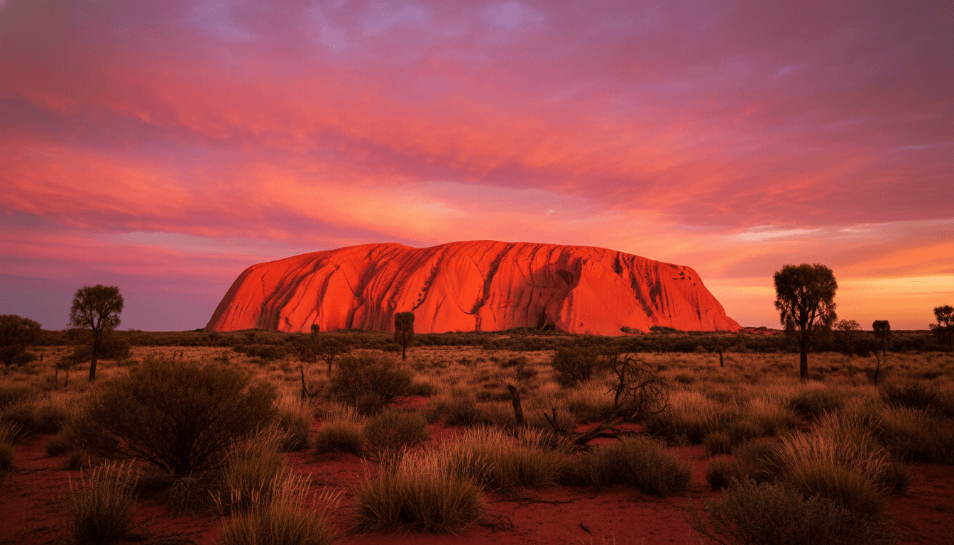 A breathtaking wide-angle shot of Uluru at sunset, showing the rock glowing deep red against a purple and orange sky. A breathtaking wide-angle shot of Uluru at sunset, showing the rock glowing deep red against a purple and orange sky.
