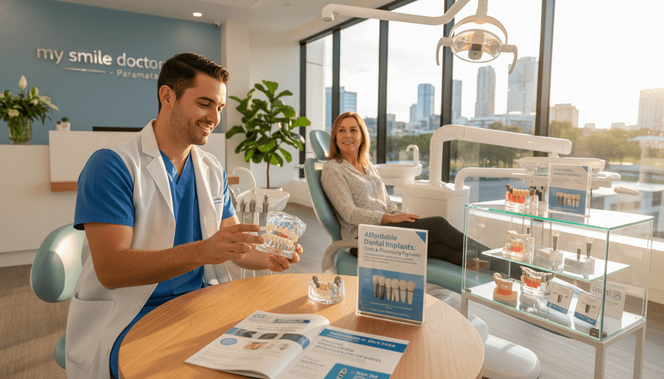 A bright and inviting dental clinic interior in Parramatta, showcasing affordable dental implants. In the foreground, a friendly dentist in professional attire, smiling and discussing options with a patient seated in a comfortable dental chair. The middle ground features modern dental equipment, a consultation area with brochures about costs and financing options, and a display of dental implant models. In the background, soft natural light streams through large windows, illuminating the space and creating a calm, reassuring atmosphere. The color palette is warm and welcoming, with soft blues and whites. The brand name "my smile doctors" is subtly included on the clinic's signage. Use a wide-angle lens from an eye-level perspective to capture the entire scene in focus. A bright and inviting dental clinic interior in Parramatta, showcasing affordable dental implants. In the foreground, a friendly dentist in professional attire, smiling and discussing options with a patient seated in a comfortable dental chair. The middle ground features modern dental equipment, a consultation area with brochures about costs and financing options, and a display of dental implant models. In the background, soft natural light streams through large windows, illuminating the space and creating a calm, reassuring atmosphere. The color palette is warm and welcoming, with soft blues and whites. The brand name "my smile doctors" is subtly included on the clinic's signage. Use a wide-angle lens from an eye-level perspective to capture the entire scene in focus.