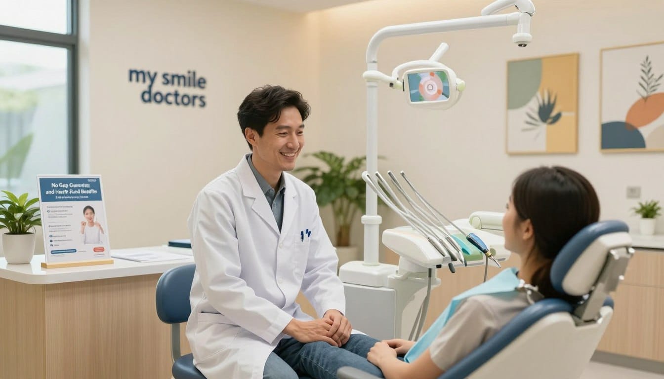 A bright and welcoming dental clinic interior, featuring a modern reception area with a stylish desk displaying a "No Gap Guarantee and Health Fund Benefits" poster subtly integrated into the decor. In the foreground, a friendly dentist in professional attire, smiling and engaging with a patient seated in a comfortable dental chair. The patient looks relaxed and at ease, embodying the idea of an anxiety-free experience. The middle ground shows dental tools and equipment neatly organized, emphasizing professionalism. Soft, warm lighting creates a cozy atmosphere, with natural light filtering through large windows. The background showcases calming artwork and greenery, enhancing the soothing environment. Include the brand name "my smile doctors" prominently in the scene, ensuring it aligns with the overall positive and reassuring mood of the image. A bright and welcoming dental clinic interior, featuring a modern reception area with a stylish desk displaying a "No Gap Guarantee and Health Fund Benefits" poster subtly integrated into the decor. In the foreground, a friendly dentist in professional attire, smiling and engaging with a patient seated in a comfortable dental chair. The patient looks relaxed and at ease, embodying the idea of an anxiety-free experience. The middle ground shows dental tools and equipment neatly organized, emphasizing professionalism. Soft, warm lighting creates a cozy atmosphere, with natural light filtering through large windows. The background showcases calming artwork and greenery, enhancing the soothing environment. Include the brand name "my smile doctors" prominently in the scene, ensuring it aligns with the overall positive and reassuring mood of the image.