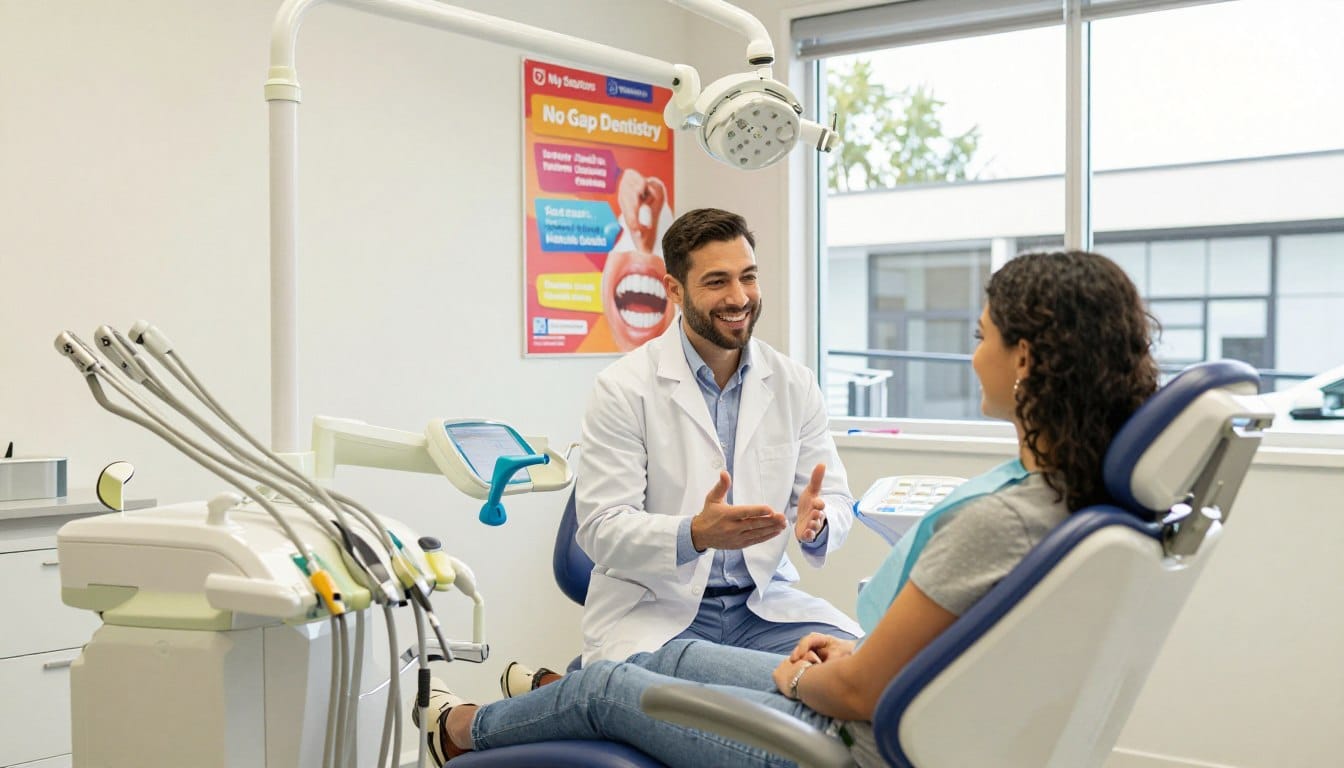 A bright and welcoming dental office interior of "My Smile Doctors" in Parramatta, showcasing a clean, modern design with dental chairs and equipment in the foreground. A friendly, professional dentist dressed in business attire is engaging with a patient, who is smiling and relaxed, conveying a sense of trust and comfort. In the middle ground, vibrant posters illustrating dental benefits and health fund information can be seen, emphasizing “No Gap Dentistry.” The background features large windows with natural light streaming in, enhancing the inviting atmosphere. Use a warm color palette to create a positive, uplifting mood. Capture the scene from a slightly elevated angle to provide depth and detail, focusing on the interaction and modern dental technology. A bright and welcoming dental office interior of "My Smile Doctors" in Parramatta, showcasing a clean, modern design with dental chairs and equipment in the foreground. A friendly, professional dentist dressed in business attire is engaging with a patient, who is smiling and relaxed, conveying a sense of trust and comfort. In the middle ground, vibrant posters illustrating dental benefits and health fund information can be seen, emphasizing “No Gap Dentistry.” The background features large windows with natural light streaming in, enhancing the inviting atmosphere. Use a warm color palette to create a positive, uplifting mood. Capture the scene from a slightly elevated angle to provide depth and detail, focusing on the interaction and modern dental technology.