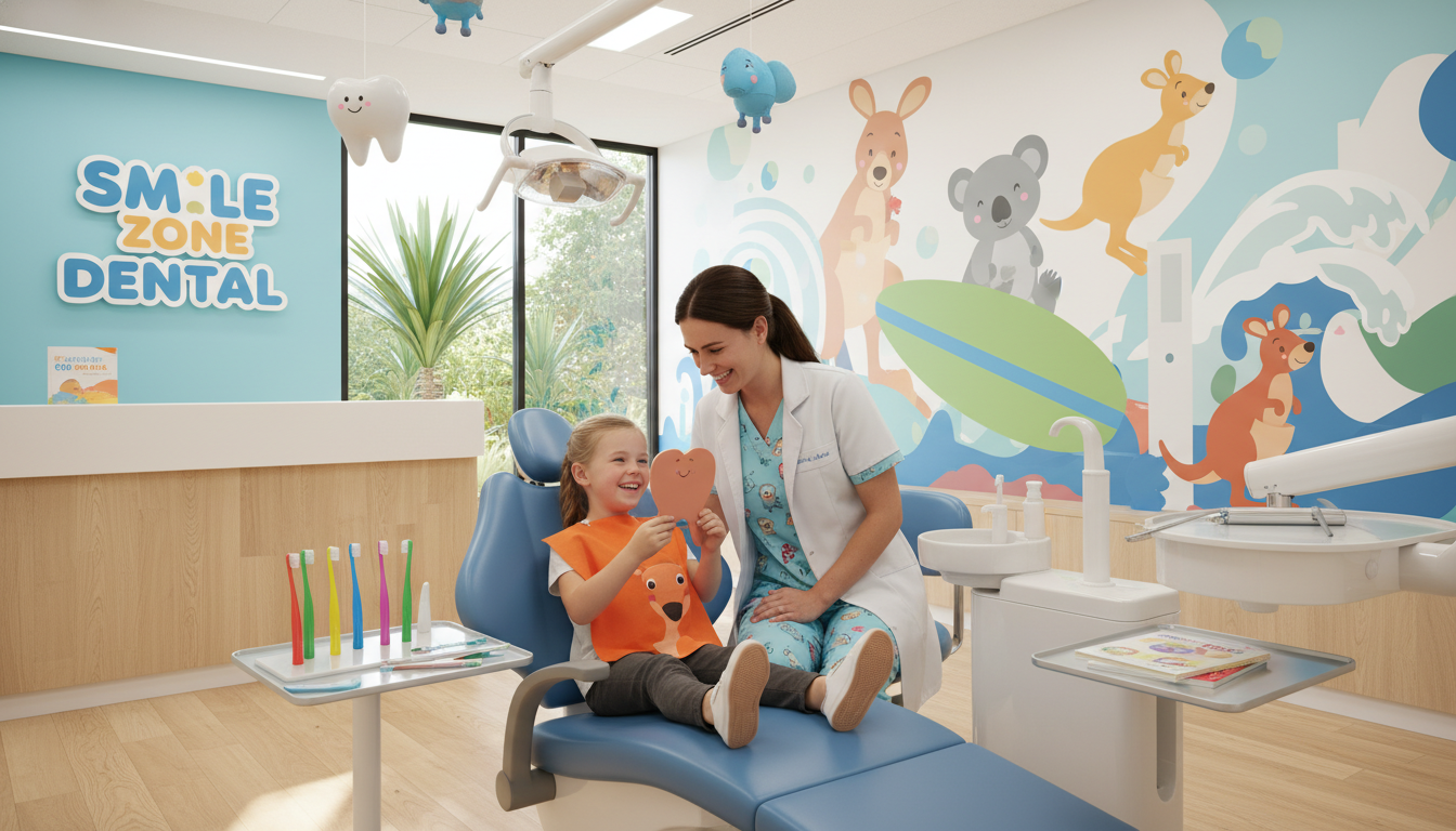 A bright, friendly dental clinic interior with colourful decorations, a smiling oral health therapist, and a happy child sitting in a dental chair, Australian style. A bright, friendly dental clinic interior with colourful decorations, a smiling oral health therapist, and a happy child sitting in a dental chair, Australian style.