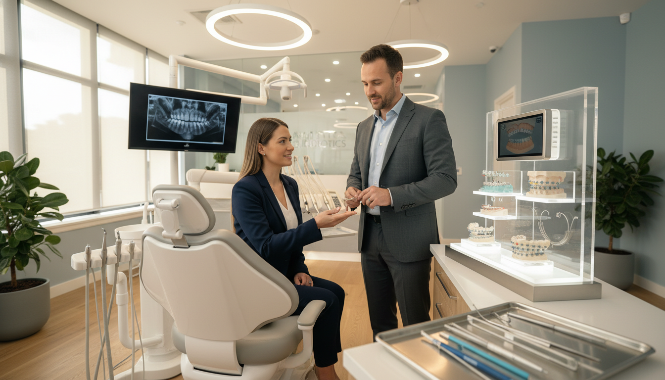 A bright, modern dental clinic room in Parramatta with an orthodontic display, focusing on clear aligners and traditional braces, soft warm lighting, professional photography. A bright, modern dental clinic room in Parramatta with an orthodontic display, focusing on clear aligners and traditional braces, soft warm lighting, professional photography.