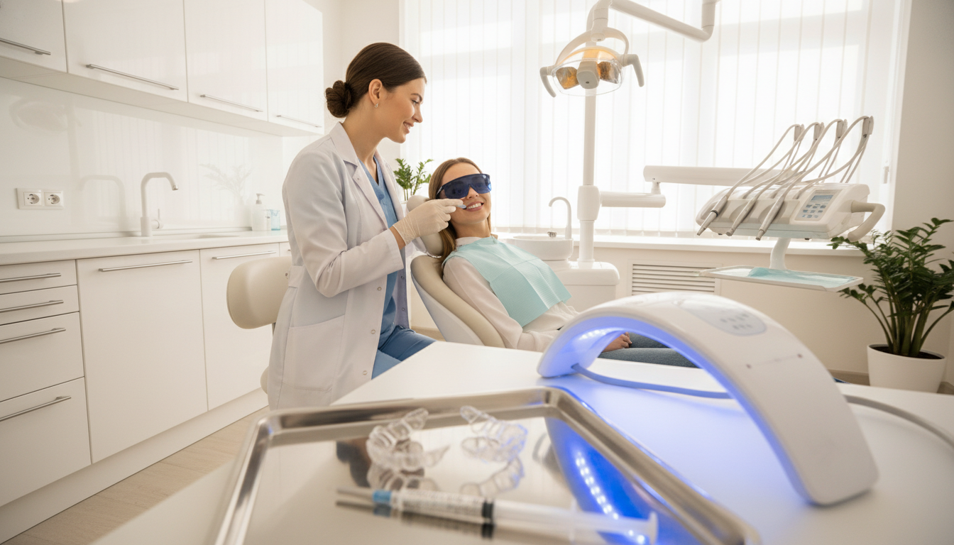 A bright, modern dental office with a professional-looking dentist in a crisp white lab coat, gently demonstrating a teeth whitening procedure on a smiling patient in a comfortable dental chair. The foreground features a close-up of dental tools like whitening trays and a bright, advanced whitening light. In the middle, the dentist confidently explains the process, with the patient looking relaxed and engaged. The background includes sleek dental equipment, clean countertops, and a large window letting in soft, natural light that enhances the bright, sanitized environment. The overall mood is calm, professional, and reassuring, emphasizing the effectiveness and care involved in professional teeth whitening. The image should convey a sense of professionalism and trust, inviting viewers to consider the benefits of this dental service. A bright, modern dental office with a professional-looking dentist in a crisp white lab coat, gently demonstrating a teeth whitening procedure on a smiling patient in a comfortable dental chair. The foreground features a close-up of dental tools like whitening trays and a bright, advanced whitening light. In the middle, the dentist confidently explains the process, with the patient looking relaxed and engaged. The background includes sleek dental equipment, clean countertops, and a large window letting in soft, natural light that enhances the bright, sanitized environment. The overall mood is calm, professional, and reassuring, emphasizing the effectiveness and care involved in professional teeth whitening. The image should convey a sense of professionalism and trust, inviting viewers to consider the benefits of this dental service.