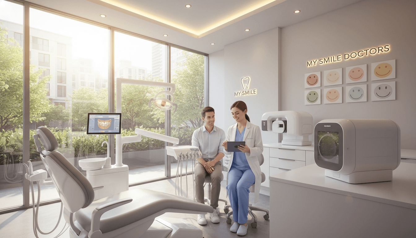A bright, modern dental surgery interior showcasing advanced diagnostic tools. In the foreground, a sleek dental chair with comfortable cushioning and integrated technology. On the adjacent counter, high-tech diagnostic equipment like a digital X-ray machine and 3D imaging device are visible. In the middle ground, a dentist in professional attire examines a patient's digital record on a tablet, illustrating the integration of technology in patient care. The background features large windows allowing natural light to flood the space, enhancing the welcoming atmosphere. Soft, warm overhead lights add to the inviting feel. Wall art depicting smiling patients enhances the experience. The setting reflects "my smile doctors" brand values of anxiety-free, state-of-the-art care, where technology meets comfort. A bright, modern dental surgery interior showcasing advanced diagnostic tools. In the foreground, a sleek dental chair with comfortable cushioning and integrated technology. On the adjacent counter, high-tech diagnostic equipment like a digital X-ray machine and 3D imaging device are visible. In the middle ground, a dentist in professional attire examines a patient's digital record on a tablet, illustrating the integration of technology in patient care. The background features large windows allowing natural light to flood the space, enhancing the welcoming atmosphere. Soft, warm overhead lights add to the inviting feel. Wall art depicting smiling patients enhances the experience. The setting reflects "my smile doctors" brand values of anxiety-free, state-of-the-art care, where technology meets comfort.