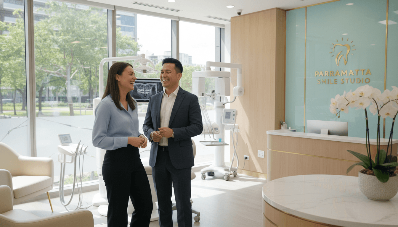 A bright, professional dental clinic interior in Parramatta showing a happy patient with a radiant white smile talking to a friendly dentist. A bright, professional dental clinic interior in Parramatta showing a happy patient with a radiant white smile talking to a friendly dentist.