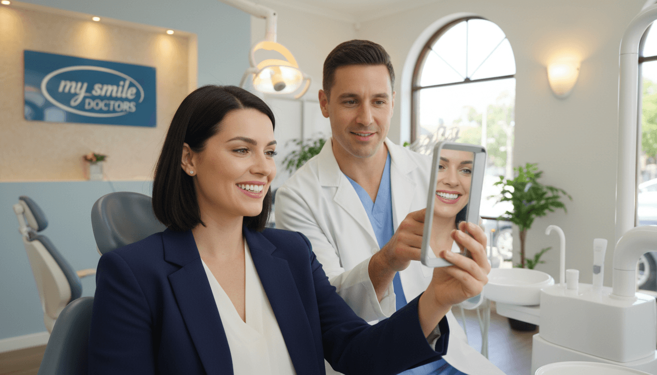 A bright, welcoming dental office scene in Parramatta, showcasing the benefits of cosmetic dentistry. In the foreground, a confident, smiling patient in professional attire admires their new smile in a mirror, reflecting happiness and satisfaction. In the middle, a skilled cosmetic dentist, dressed in a white coat, gently interacts with the patient, showcasing a caring, anxiety-free atmosphere. The background features a modern dental setup with state-of-the-art equipment, warm lighting, and calming colors, creating a sense of trust and professionalism. Natural light floods the room, emphasizing cleanliness and comfort. Include subtle elements like the "my smile doctors" logo on a wall, enhancing brand identity. The overall mood is positive, highlighting the transformative impact of cosmetic dentistry. A bright, welcoming dental office scene in Parramatta, showcasing the benefits of cosmetic dentistry. In the foreground, a confident, smiling patient in professional attire admires their new smile in a mirror, reflecting happiness and satisfaction. In the middle, a skilled cosmetic dentist, dressed in a white coat, gently interacts with the patient, showcasing a caring, anxiety-free atmosphere. The background features a modern dental setup with state-of-the-art equipment, warm lighting, and calming colors, creating a sense of trust and professionalism. Natural light floods the room, emphasizing cleanliness and comfort. Include subtle elements like the "my smile doctors" logo on a wall, enhancing brand identity. The overall mood is positive, highlighting the transformative impact of cosmetic dentistry.