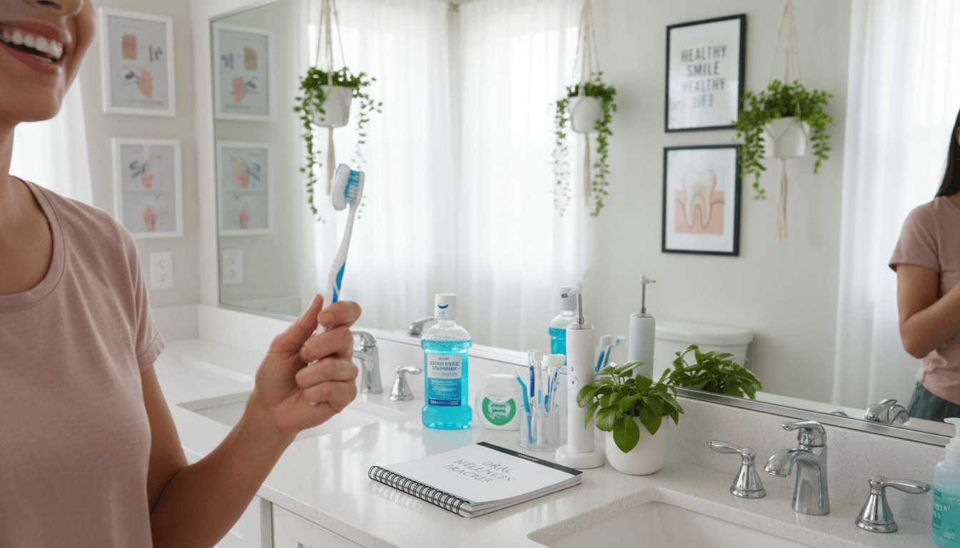 A bright, well-lit bathroom scene showcasing a daily dental care routine. In the foreground, a smiling individual in modest casual clothing holds a toothbrush with a dollop of toothpaste. The middle ground features a mirror reflecting a neatly arranged countertop with a variety of dental care items like floss, mouthwash, and a planner for tracking oral health. In the background, soft lighting casts a warm glow, illuminating fresh plants and dental health posters on the wall. The overall atmosphere conveys cleanliness and positivity, emphasizing the importance of maintaining strong and healthy teeth through essential daily practices. The angle is slightly elevated, capturing both the individual and the organized bathroom space. A bright, well-lit bathroom scene showcasing a daily dental care routine. In the foreground, a smiling individual in modest casual clothing holds a toothbrush with a dollop of toothpaste. The middle ground features a mirror reflecting a neatly arranged countertop with a variety of dental care items like floss, mouthwash, and a planner for tracking oral health. In the background, soft lighting casts a warm glow, illuminating fresh plants and dental health posters on the wall. The overall atmosphere conveys cleanliness and positivity, emphasizing the importance of maintaining strong and healthy teeth through essential daily practices. The angle is slightly elevated, capturing both the individual and the organized bathroom space.