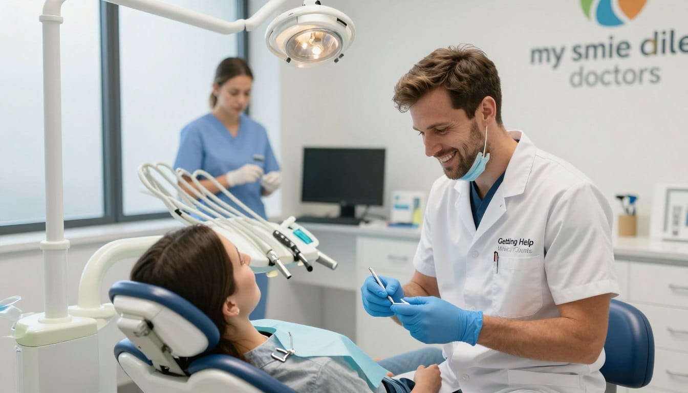 A bustling emergency dentist office in Parramatta, showcasing the theme "Getting Help When It Counts." In the foreground, a friendly dentist in professional attire is gently examining a patient in a dental chair, demonstrating care and urgency. The dentist has short brown hair and is wearing a white coat and blue gloves, while the patient appears relieved and calm. In the middle ground, dental equipment is neatly organized on a counter, and a nurse is preparing materials, looking focused yet attentive. The background features a large window allowing soft, natural light to fill the space, creating a warm and inviting atmosphere. Subtle branding with "my smile doctors" is visible on a wall. The scene conveys a sense of professionalism and support, emphasizing quick relief during a dental emergency. A bustling emergency dentist office in Parramatta, showcasing the theme "Getting Help When It Counts." In the foreground, a friendly dentist in professional attire is gently examining a patient in a dental chair, demonstrating care and urgency. The dentist has short brown hair and is wearing a white coat and blue gloves, while the patient appears relieved and calm. In the middle ground, dental equipment is neatly organized on a counter, and a nurse is preparing materials, looking focused yet attentive. The background features a large window allowing soft, natural light to fill the space, creating a warm and inviting atmosphere. Subtle branding with "my smile doctors" is visible on a wall. The scene conveys a sense of professionalism and support, emphasizing quick relief during a dental emergency.
