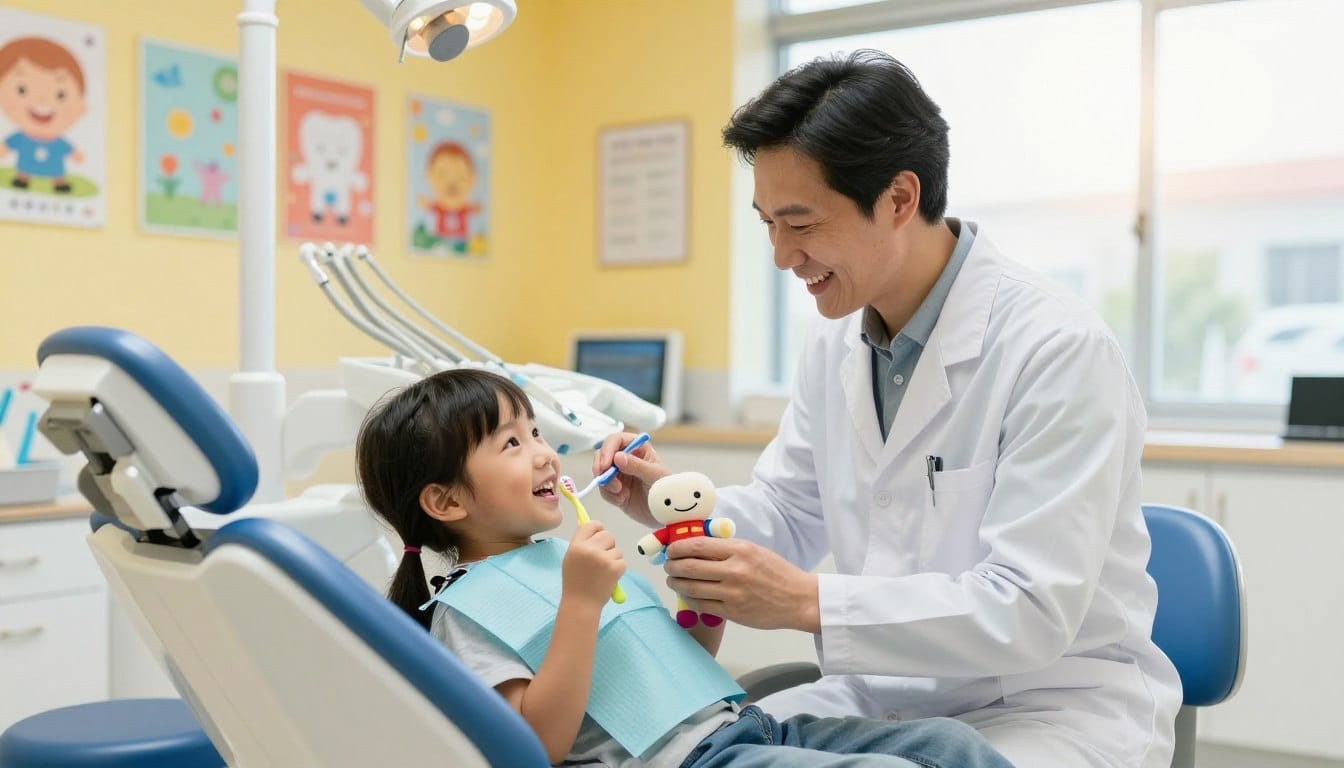 A cheerful pediatric dental office environment featuring a friendly dentist in a white coat, gently examining a smiling child in a dental chair. In the foreground, the child, with a playful expression, holds a colorful toothbrush and a dental puppet, showcasing engagement. The middle ground includes dental tools and a bright, kid-friendly environment, decorated with playful posters about dental hygiene. In the background, there are vibrant colors on the walls and a sunny window view. Soft, warm lighting illuminates the scene, creating a welcoming and safe atmosphere. The brand name "my smile doctors" is subtly integrated into the office decor. The overall mood is friendly, reassuring, and professional, reflecting the essence of comprehensive child dental care services. A cheerful pediatric dental office environment featuring a friendly dentist in a white coat, gently examining a smiling child in a dental chair. In the foreground, the child, with a playful expression, holds a colorful toothbrush and a dental puppet, showcasing engagement. The middle ground includes dental tools and a bright, kid-friendly environment, decorated with playful posters about dental hygiene. In the background, there are vibrant colors on the walls and a sunny window view. Soft, warm lighting illuminates the scene, creating a welcoming and safe atmosphere. The brand name "my smile doctors" is subtly integrated into the office decor. The overall mood is friendly, reassuring, and professional, reflecting the essence of comprehensive child dental care services.