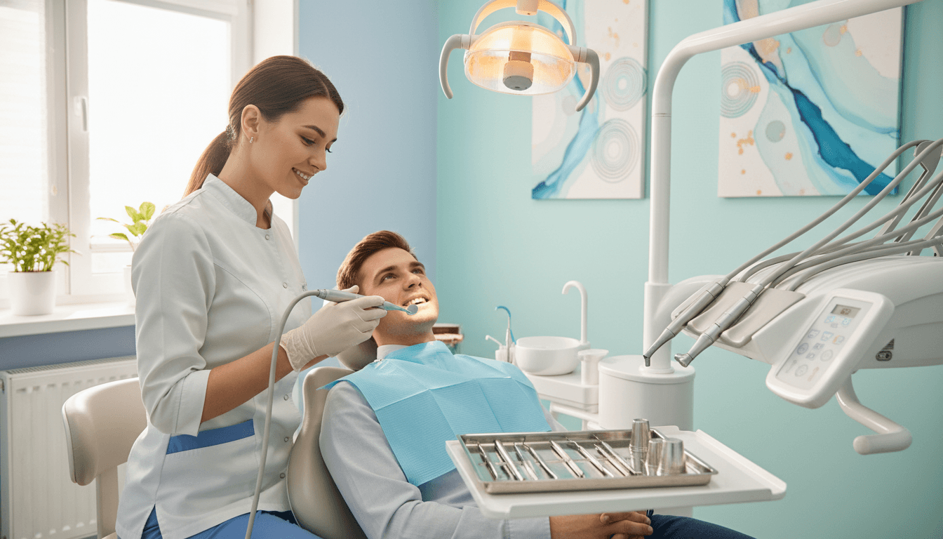 A clean and bright dental clinic setting focused on teeth cleaning. In the foreground, a professional dental hygienist, wearing a white lab coat and gloves, is gently holding a dental tool and smiling reassuringly at a patient in a dental chair. The middle section features an organized dental workspace with sterilized instruments, a mouth mirror, and a state-of-the-art dental light illuminating the area. In the background, calming blue and green colors enhance the serene atmosphere, with soothing artwork on the walls. Soft, natural lighting filters in through a window, creating a warm and inviting ambiance. The overall mood is anxiety-free and welcoming, reflecting a caring approach to dental care. A clean and bright dental clinic setting focused on teeth cleaning. In the foreground, a professional dental hygienist, wearing a white lab coat and gloves, is gently holding a dental tool and smiling reassuringly at a patient in a dental chair. The middle section features an organized dental workspace with sterilized instruments, a mouth mirror, and a state-of-the-art dental light illuminating the area. In the background, calming blue and green colors enhance the serene atmosphere, with soothing artwork on the walls. Soft, natural lighting filters in through a window, creating a warm and inviting ambiance. The overall mood is anxiety-free and welcoming, reflecting a caring approach to dental care.