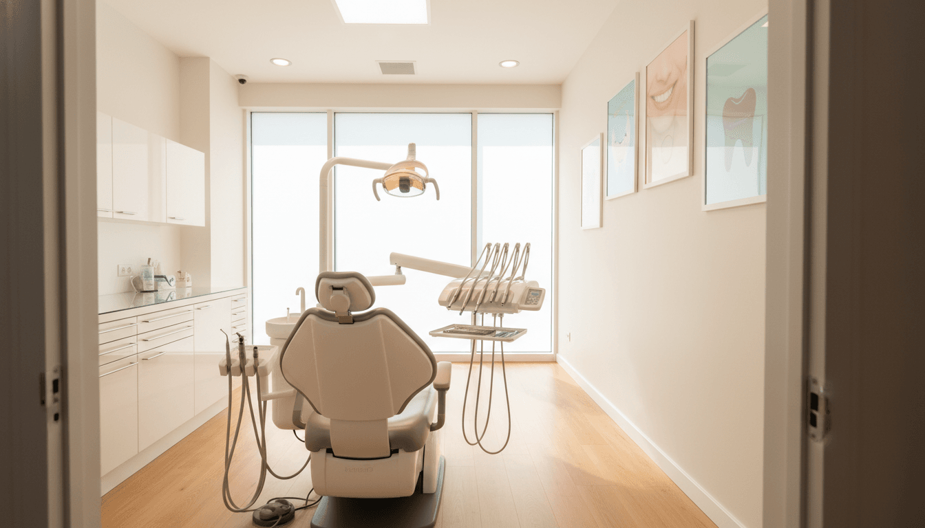 A clean and modern dental clinic interior, showcasing a high-quality dental image background. In the foreground, a sleek dental chair with professional dental instruments neatly arranged on a tray. The middle layer features a bright, well-lit examination area with a large window allowing natural light to flood in, accentuating the polished surfaces. The background displays dental posters highlighting quality care, with soft pastel colors creating a calming atmosphere. The lighting is warm and inviting, using overhead soft LED lights to enhance precision and detail. The angle captures an inviting view from the doorway into the clinic, emphasizing cleanliness and professionalism. The overall mood is reassuring and trustworthy, ideal for conveying exceptional quality standards in dental care. The image contains no text or markings and is carefully composed to reflect a serene dental environment.