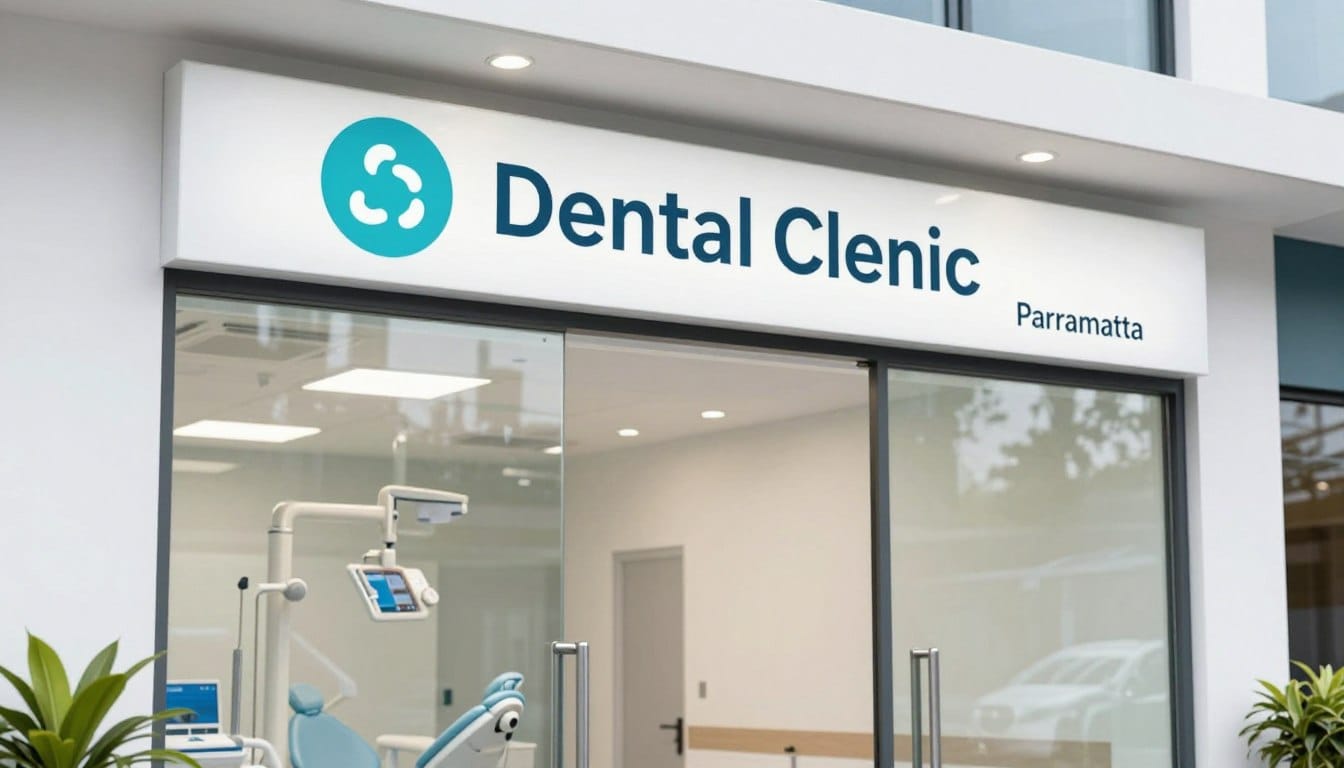 A close-up, high-quality photo of a modern dental clinic entrance in Parramatta, featuring a welcoming sign for emergency patients and a clean, professional medical environment. A close-up, high-quality photo of a modern dental clinic entrance in Parramatta, featuring a welcoming sign for emergency patients and a clean, professional medical environment.