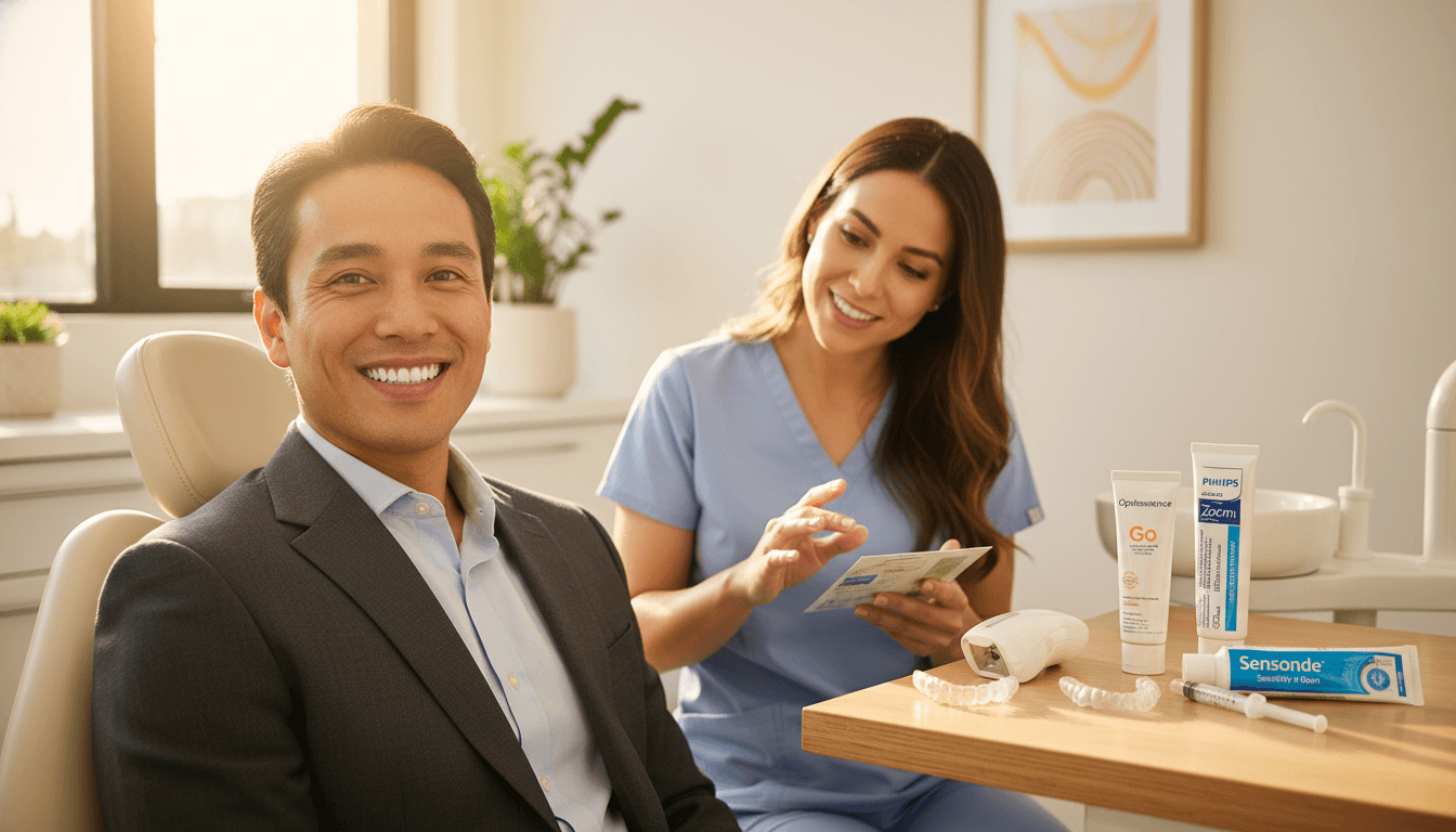 A close-up image of a person in professional business attire, sitting in a dental office with an emphasis on their smiling face and brightened teeth. The foreground features an array of dental care products for teeth whitening, including trays, gels, and a sensitivity relief toothpaste. In the middle ground, a dental hygienist is gently explaining the safety considerations and managing side effects to the patient, who appears attentive and relaxed. The background shows a clean, modern dental office environment with bright, natural lighting illuminating the scene. The mood is reassuring and professional, conveying a sense of trust and care in dental health practices. Focus on a warm color palette to enhance a feeling of wellness and comfort. A close-up image of a person in professional business attire, sitting in a dental office with an emphasis on their smiling face and brightened teeth. The foreground features an array of dental care products for teeth whitening, including trays, gels, and a sensitivity relief toothpaste. In the middle ground, a dental hygienist is gently explaining the safety considerations and managing side effects to the patient, who appears attentive and relaxed. The background shows a clean, modern dental office environment with bright, natural lighting illuminating the scene. The mood is reassuring and professional, conveying a sense of trust and care in dental health practices. Focus on a warm color palette to enhance a feeling of wellness and comfort.