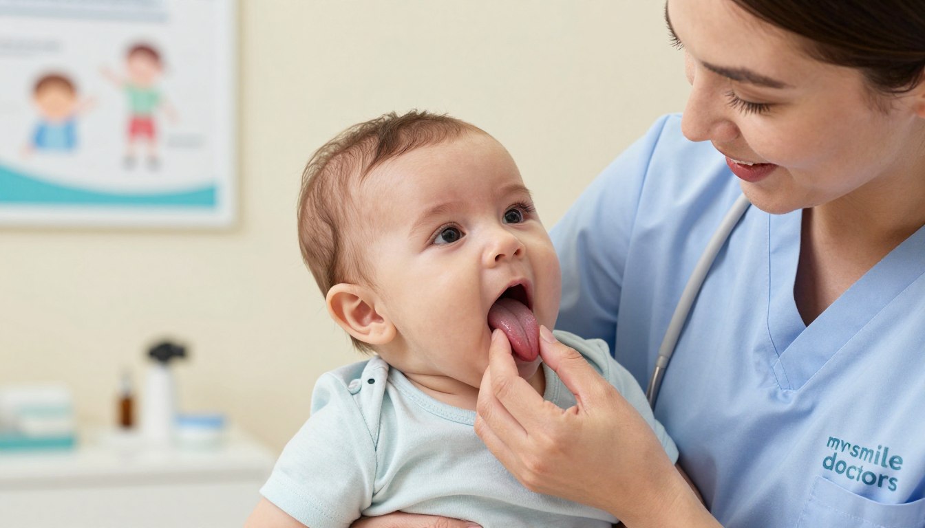 A close-up image of a young infant, gently held by a caring pediatrician in a professional, modest attire, in a soft-lit consultation room. The focus is on the infant’s mouth area, clearly showing the subtle characteristics of a tongue tie, while the pediatrician demonstrates a compassionate expression, emphasizing the nurturing atmosphere. In the background, blurred medical tools and a welcoming infographic about tongue tie can be seen, promoting a sense of expert care and comfort in a healthcare setting. The lighting is warm and inviting, creating a serene mood that underscores the importance of understanding tongue tie. Capture the essence of specialized care in Sydney and Parramatta with the brand name "my smile doctors" integrated within the setting. A close-up image of a young infant, gently held by a caring pediatrician in a professional, modest attire, in a soft-lit consultation room. The focus is on the infant’s mouth area, clearly showing the subtle characteristics of a tongue tie, while the pediatrician demonstrates a compassionate expression, emphasizing the nurturing atmosphere. In the background, blurred medical tools and a welcoming infographic about tongue tie can be seen, promoting a sense of expert care and comfort in a healthcare setting. The lighting is warm and inviting, creating a serene mood that underscores the importance of understanding tongue tie. Capture the essence of specialized care in Sydney and Parramatta with the brand name "my smile doctors" integrated within the setting.