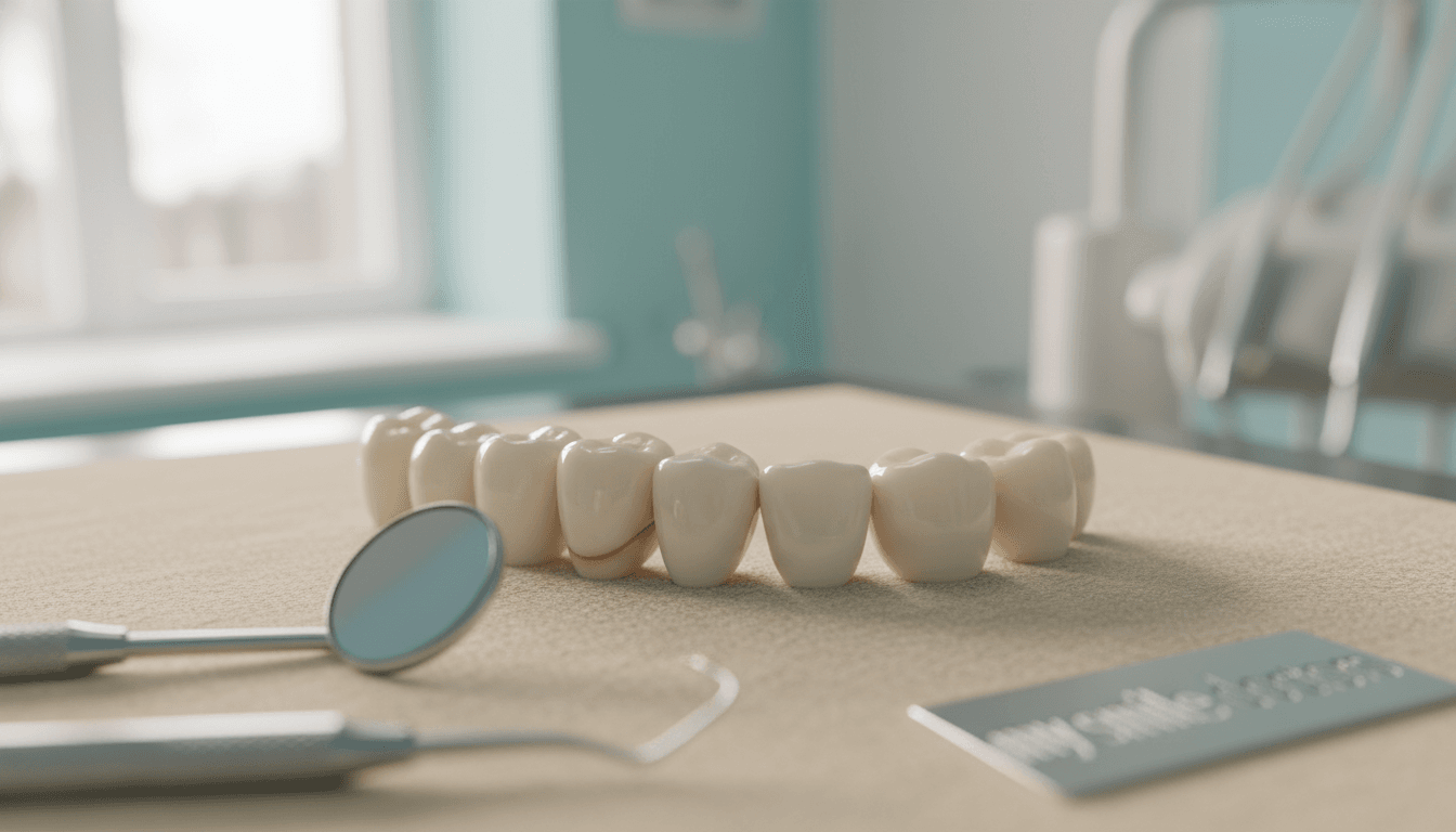 A close-up shot of a set of pristine cosmetic dental crowns arranged elegantly on a soft, neutral-colored surface, reflecting their glossy finish and intricate details. In the foreground, highlight the crowns, showcasing their natural translucence and seamless edges, suggesting superior craftsmanship. In the middle ground, subtly include dental tools like a mirror and explorer to enhance the dental theme. The background features a softly blurred dental clinic, with calming pastel colors and natural light streaming in from a window, creating a serene atmosphere. The overall mood conveys comfort and high quality, reflecting the brand "my smile doctors". Use a macro lens with soft focus to emphasize the intricacies of the crowns while maintaining warmth in the lighting to evoke a sense of trust and professionalism. A close-up shot of a set of pristine cosmetic dental crowns arranged elegantly on a soft, neutral-colored surface, reflecting their glossy finish and intricate details. In the foreground, highlight the crowns, showcasing their natural translucence and seamless edges, suggesting superior craftsmanship. In the middle ground, subtly include dental tools like a mirror and explorer to enhance the dental theme. The background features a softly blurred dental clinic, with calming pastel colors and natural light streaming in from a window, creating a serene atmosphere. The overall mood conveys comfort and high quality, reflecting the brand "my smile doctors". Use a macro lens with soft focus to emphasize the intricacies of the crowns while maintaining warmth in the lighting to evoke a sense of trust and professionalism.