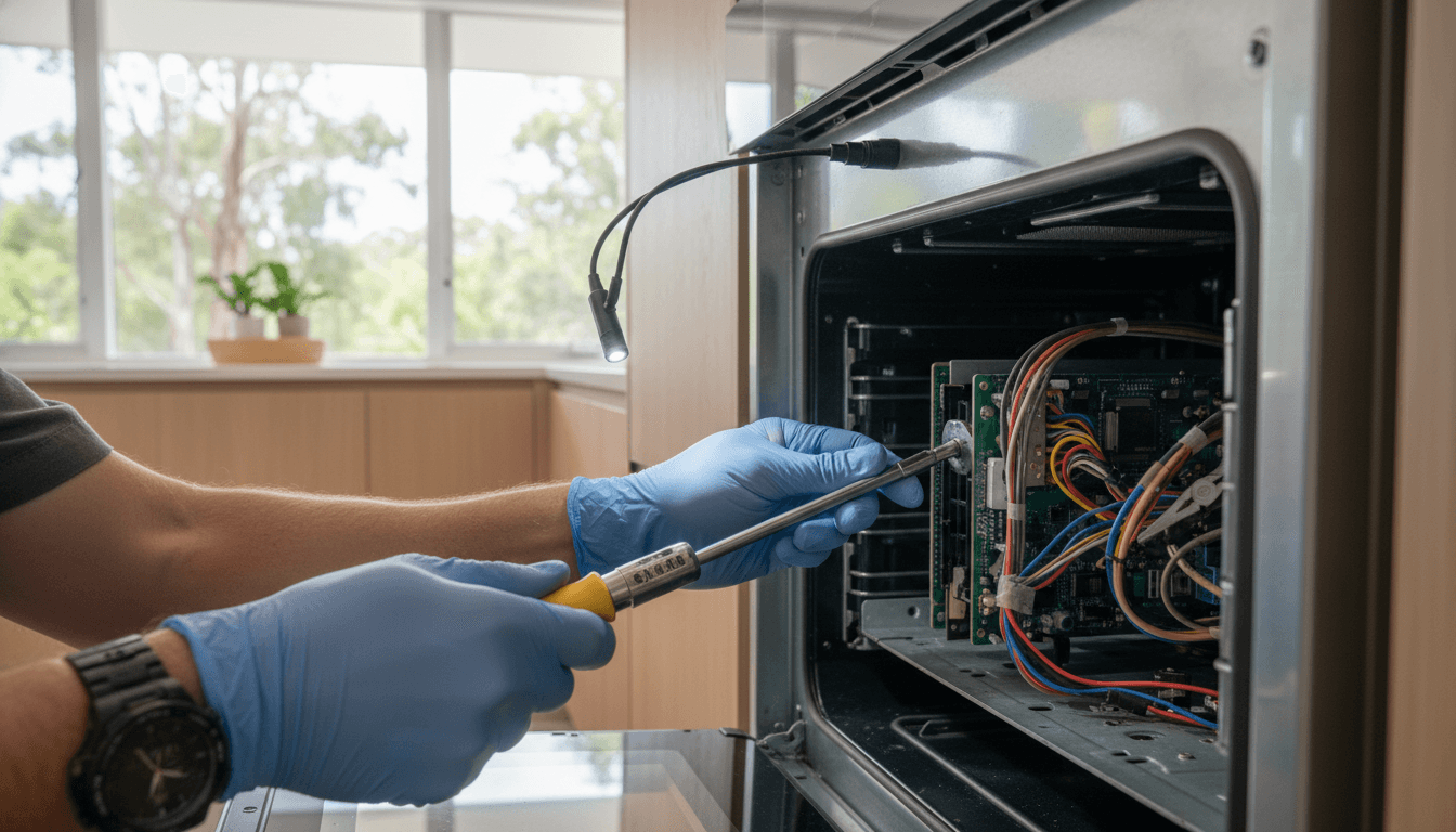 A close-up shot of a technician’s hands using professional tools to repair a modern kitchen appliance in a bright, contemporary Australian kitchen, focusing on precision and care, high-quality lighting. A close-up shot of a technician’s hands using professional tools to repair a modern kitchen appliance in a bright, contemporary Australian kitchen, focusing on precision and care, high-quality lighting.