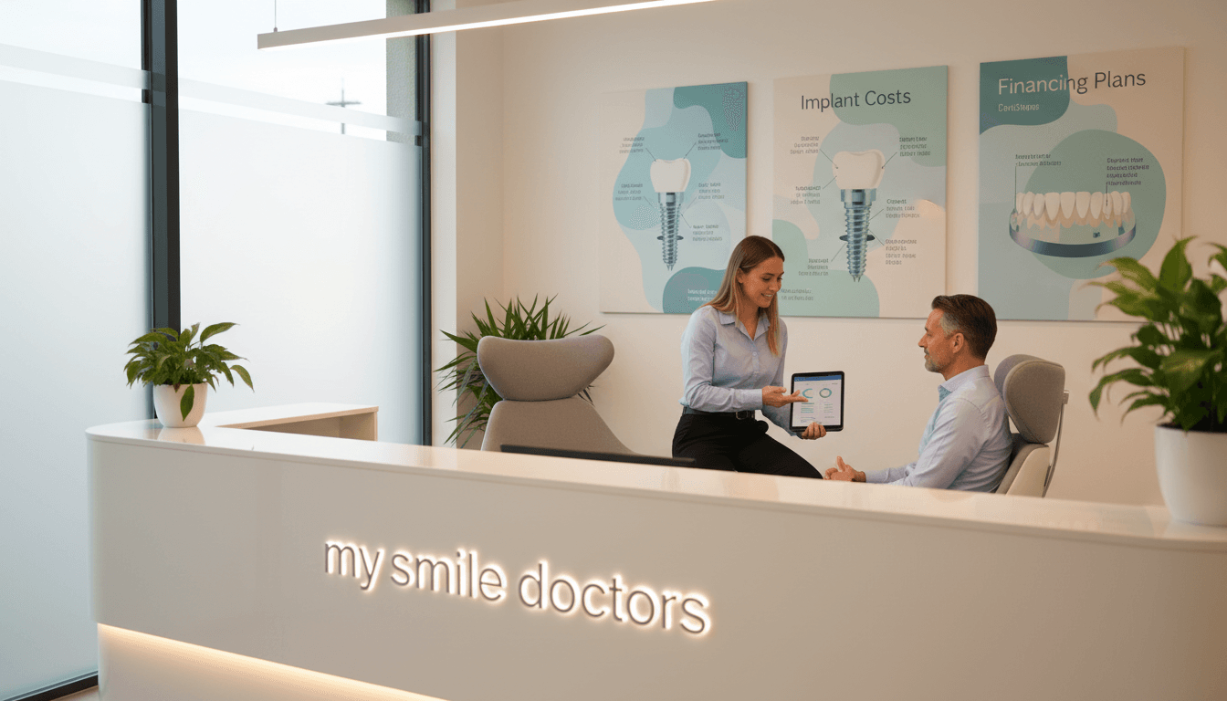 A close-up view of a modern dental clinic reception area, highlighting sleek design and a soothing atmosphere. In the foreground, a polished reception desk with the brand name "my smile doctors" prominently displayed. In the middle, a friendly dental professional, dressed in professional attire, discusses financial options for dental implants with a patient seated comfortably. The background features a calming color palette, with dental posters about implant costs and financing options artistically arranged on the walls. Soft, natural lighting floods the space, creating an inviting and reassuring mood. The angle captures the warmth of the interaction while maintaining a professional environment, emphasizing trust and comfort in dental care decisions. A close-up view of a modern dental clinic reception area, highlighting sleek design and a soothing atmosphere. In the foreground, a polished reception desk with the brand name "my smile doctors" prominently displayed. In the middle, a friendly dental professional, dressed in professional attire, discusses financial options for dental implants with a patient seated comfortably. The background features a calming color palette, with dental posters about implant costs and financing options artistically arranged on the walls. Soft, natural lighting floods the space, creating an inviting and reassuring mood. The angle captures the warmth of the interaction while maintaining a professional environment, emphasizing trust and comfort in dental care decisions.