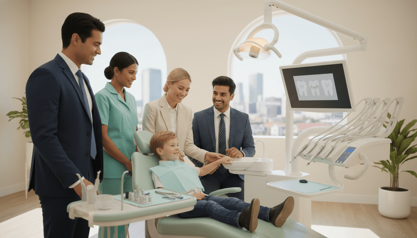 A compassionate dental care team in Parramatta, showcasing a diverse group of four professionals, including two dentists and two dental hygienists, all wearing professional business attire. In the foreground, the team is smiling warmly while interacting with a young patient in a dental chair, creating a nurturing and friendly atmosphere. The middle ground depicts a well-equipped dental clinic with modern tools and soft, inviting decor in calming pastel colors. In the background, large windows allow natural light to flood the room, enhancing the feeling of warmth and compassion. The lighting is soft and even, highlighting the gentle interactions. The angle is slightly elevated, capturing the scene from a viewpoint that emphasizes the care and attention being provided. The overall mood is one of trust and comfort, reflecting a safe and welcoming environment for patients. A compassionate dental care team in Parramatta, showcasing a diverse group of four professionals, including two dentists and two dental hygienists, all wearing professional business attire. In the foreground, the team is smiling warmly while interacting with a young patient in a dental chair, creating a nurturing and friendly atmosphere. The middle ground depicts a well-equipped dental clinic with modern tools and soft, inviting decor in calming pastel colors. In the background, large windows allow natural light to flood the room, enhancing the feeling of warmth and compassion. The lighting is soft and even, highlighting the gentle interactions. The angle is slightly elevated, capturing the scene from a viewpoint that emphasizes the care and attention being provided. The overall mood is one of trust and comfort, reflecting a safe and welcoming environment for patients.