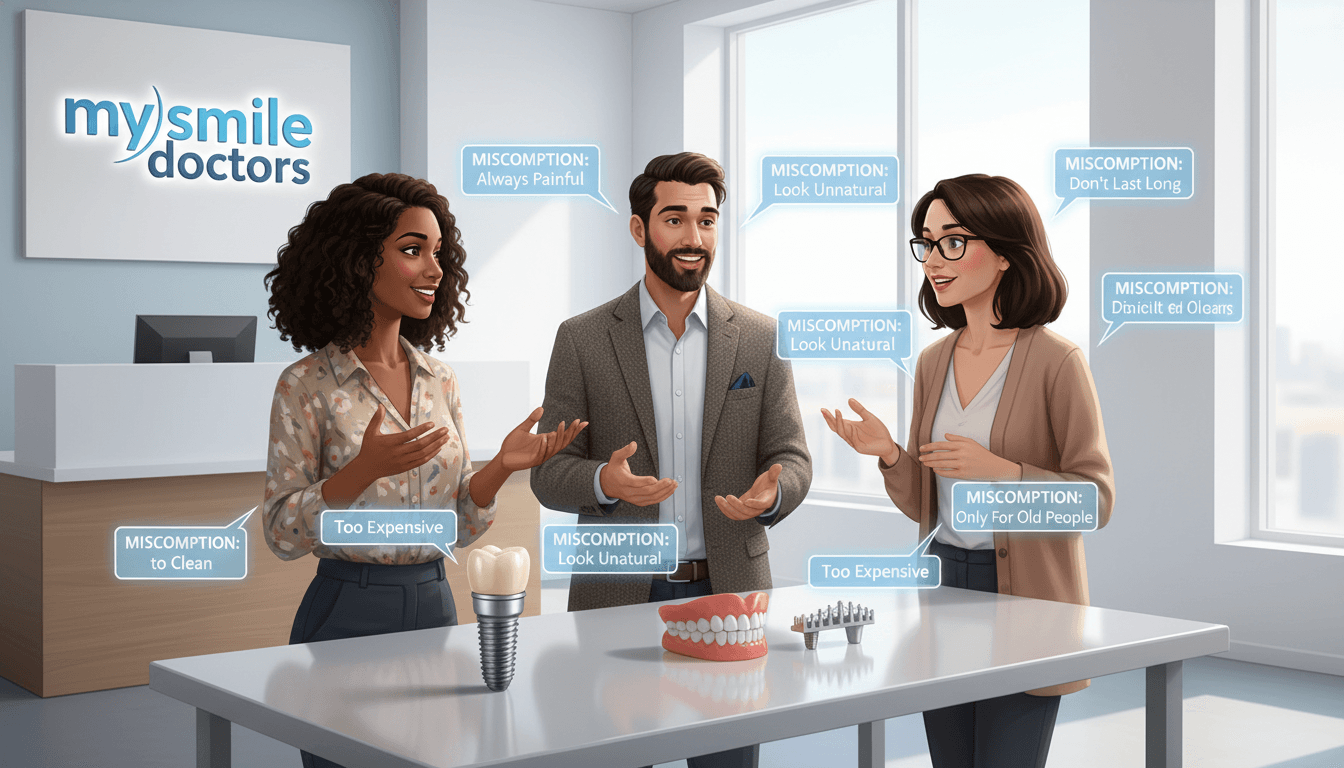 A conceptual illustration representing "Common Misconceptions About Tooth Replacement" focusing on dental care. In the foreground, a diverse group of three professional dental practitioners in modest casual clothing discuss tooth replacement options with expressive gestures. In the middle, display various tooth replacement solutions like dental implants, dentures, and bridges on a sleek table, each adorned with labels depicting misconceptions about their effectiveness and comfort. The background features a bright, modern dental office with clean white walls, the logo "my smile doctors" prominently displayed. Soft, diffused lighting creates an inviting atmosphere, highlighting the dental solutions and the appreciative expressions of the practitioners, conveying a sense of trust and professionalism. The angle is slightly elevated to capture the interaction and display of dental options effectively. A conceptual illustration representing "Common Misconceptions About Tooth Replacement" focusing on dental care. In the foreground, a diverse group of three professional dental practitioners in modest casual clothing discuss tooth replacement options with expressive gestures. In the middle, display various tooth replacement solutions like dental implants, dentures, and bridges on a sleek table, each adorned with labels depicting misconceptions about their effectiveness and comfort. The background features a bright, modern dental office with clean white walls, the logo "my smile doctors" prominently displayed. Soft, diffused lighting creates an inviting atmosphere, highlighting the dental solutions and the appreciative expressions of the practitioners, conveying a sense of trust and professionalism. The angle is slightly elevated to capture the interaction and display of dental options effectively.