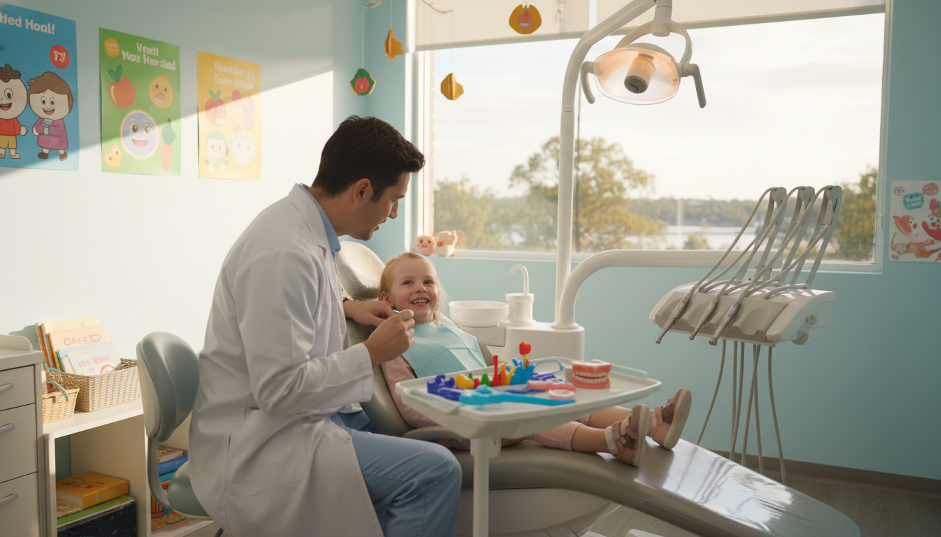 A cozy, well-lit dental clinic in Parramatta, focusing on child oral health care. In the foreground, a compassionate dentist in professional attire gently examines a smiling child, who is seated comfortably in a modern dental chair. The child has a playful expression, showcasing healthy teeth. In the middle ground, colorful posters about dental hygiene decorate the walls, accompanied by child-friendly dental tools on a nearby table. The background features a large window letting in warm, natural light, with a view of Parramatta's greenery. The atmosphere is friendly and inviting, emphasizing a sense of safety and care in oral health across different life stages. The image should evoke a warm, reassuring mood, capturing the essence of gentle, quality dental service. A cozy, well-lit dental clinic in Parramatta, focusing on child oral health care. In the foreground, a compassionate dentist in professional attire gently examines a smiling child, who is seated comfortably in a modern dental chair. The child has a playful expression, showcasing healthy teeth. In the middle ground, colorful posters about dental hygiene decorate the walls, accompanied by child-friendly dental tools on a nearby table. The background features a large window letting in warm, natural light, with a view of Parramatta's greenery. The atmosphere is friendly and inviting, emphasizing a sense of safety and care in oral health across different life stages. The image should evoke a warm, reassuring mood, capturing the essence of gentle, quality dental service.