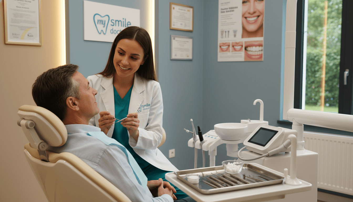 A dental clinic environment showcasing a caring follow-up and maintenance care scenario for dental implants. In the foreground, a dental professional in smart attire gently examines a patient in a dental chair, highlighting attentive care. The middle ground features dental equipment and tools organized on a tray, symbolizing precision and professionalism. In the background, soothing colors and soft lighting create a calm atmosphere, with certificates and posters about dental health on the walls. The focus is on the interaction, emphasizing reassurance and expert care. The overall mood is warm and inviting, reflecting the brand ethos of "my smile doctors," dedicated to patient comfort and health. A dental clinic environment showcasing a caring follow-up and maintenance care scenario for dental implants. In the foreground, a dental professional in smart attire gently examines a patient in a dental chair, highlighting attentive care. The middle ground features dental equipment and tools organized on a tray, symbolizing precision and professionalism. In the background, soothing colors and soft lighting create a calm atmosphere, with certificates and posters about dental health on the walls. The focus is on the interaction, emphasizing reassurance and expert care. The overall mood is warm and inviting, reflecting the brand ethos of "my smile doctors," dedicated to patient comfort and health.