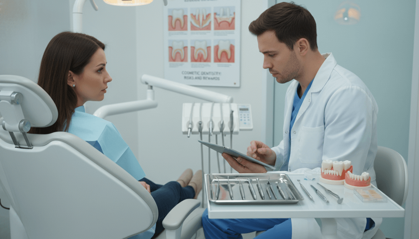 A dental clinic interior showcasing the potential risks of cosmetic dentistry. In the foreground, a patient sits in a modern dental chair, looking apprehensive while a dentist in professional attire examines their dental records. The middle ground displays various cosmetic dental tools and procedures, such as porcelain veneers and dental crowns, strategically placed on a sterile tray. In the background, a large poster illustrates potential side effects like gum inflammation and tooth sensitivity. The lighting is bright and clinical, emphasizing the clean and pristine environment. A slight depth of field adds focus on the dentist and patient, while the atmosphere conveys a mix of hope and caution. A dental clinic interior showcasing the potential risks of cosmetic dentistry. In the foreground, a patient sits in a modern dental chair, looking apprehensive while a dentist in professional attire examines their dental records. The middle ground displays various cosmetic dental tools and procedures, such as porcelain veneers and dental crowns, strategically placed on a sterile tray. In the background, a large poster illustrates potential side effects like gum inflammation and tooth sensitivity. The lighting is bright and clinical, emphasizing the clean and pristine environment. A slight depth of field adds focus on the dentist and patient, while the atmosphere conveys a mix of hope and caution.