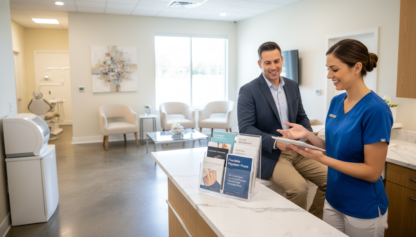 A dental clinic reception scene highlighting flexible payment plans for cosmetic dental treatments. In the foreground, a friendly dental assistant, dressed in professional attire, is discussing payment options with a patient, conveying a sense of trust and support. In the middle, an attractive brochure rack displays various flexible payment plan options, clearly visible and organized. The background features a bright, welcoming dental office with modern decor, soft lighting, and dental equipment subtly placed. The overall atmosphere is inviting and reassuring, with a warm color palette and soft shadows enhancing the feeling of comfort. Use a wide-angle lens to capture the entire scene, emphasizing the interaction between the assistant and the patient. A dental clinic reception scene highlighting flexible payment plans for cosmetic dental treatments. In the foreground, a friendly dental assistant, dressed in professional attire, is discussing payment options with a patient, conveying a sense of trust and support. In the middle, an attractive brochure rack displays various flexible payment plan options, clearly visible and organized. The background features a bright, welcoming dental office with modern decor, soft lighting, and dental equipment subtly placed. The overall atmosphere is inviting and reassuring, with a warm color palette and soft shadows enhancing the feeling of comfort. Use a wide-angle lens to capture the entire scene, emphasizing the interaction between the assistant and the patient.