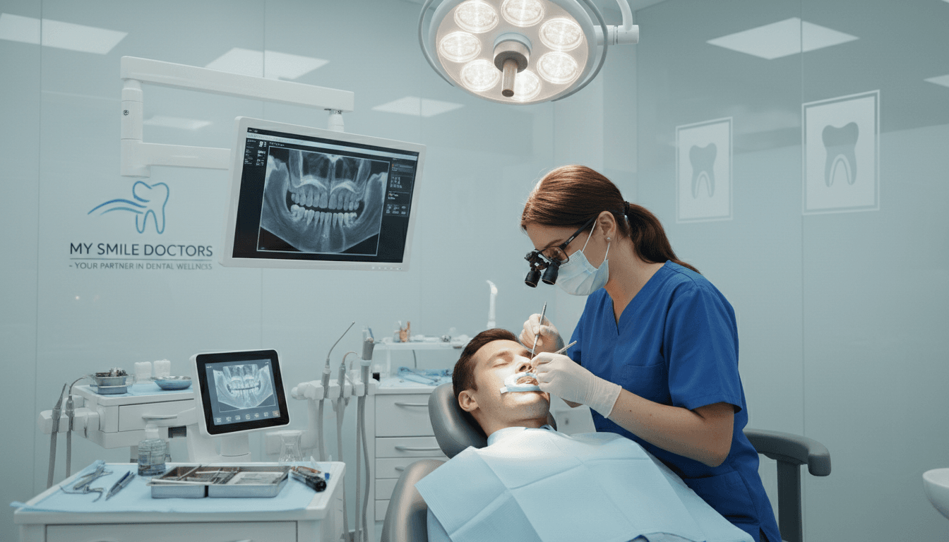 A dental implant surgery scene depicting a modern, sterile surgical room. In the foreground, a skilled dentist in professional attire, wearing a mask and gloves, carefully places a dental implant into a patient’s jaw using precision tools. The patient, also in modest attire, is lying comfortably on a surgical chair, appearing relaxed and at ease. In the middle ground, essential medical equipment and soft lighting illuminate the room, emphasizing a clean and advanced environment. In the background, faint outlines of medical posters related to dental health can be seen. The overall atmosphere conveys a sense of trust, professionalism, and care, showcasing a peaceful surgical experience promoted by my smile doctors. A dental implant surgery scene depicting a modern, sterile surgical room. In the foreground, a skilled dentist in professional attire, wearing a mask and gloves, carefully places a dental implant into a patient’s jaw using precision tools. The patient, also in modest attire, is lying comfortably on a surgical chair, appearing relaxed and at ease. In the middle ground, essential medical equipment and soft lighting illuminate the room, emphasizing a clean and advanced environment. In the background, faint outlines of medical posters related to dental health can be seen. The overall atmosphere conveys a sense of trust, professionalism, and care, showcasing a peaceful surgical experience promoted by my smile doctors.