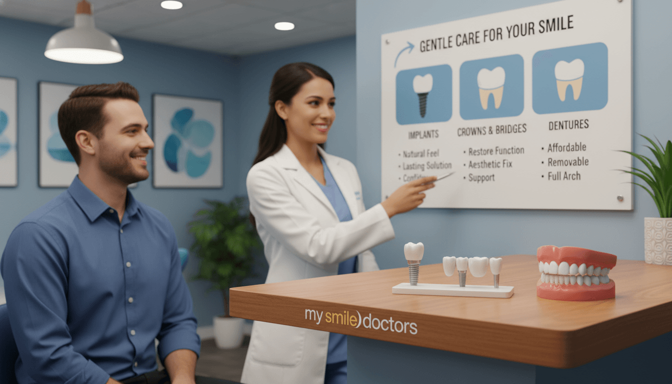 A dental office setting showcasing various tooth replacement options with a focus on gentle care for your smile. In the foreground, display a detailed arrangement of dental implants, crowns, and dentures on a well-lit, polished wooden table. The middle ground features a smiling, professional-looking dentist in a white coat, pointing towards a chart displaying the benefits of each replacement option, emphasizing a caring demeanor. In the background, soft lighting enhances the calming atmosphere of the clinic, with comforting colors like blue and white that evoke serenity. The focus is clear on the dental products and the engaging interaction between the dentist and a patient, both dressed in smart casual attire. The brand name "my smile doctors" subtly integrated into the scene enhances the overall professionalism of the environment. A dental office setting showcasing various tooth replacement options with a focus on gentle care for your smile. In the foreground, display a detailed arrangement of dental implants, crowns, and dentures on a well-lit, polished wooden table. The middle ground features a smiling, professional-looking dentist in a white coat, pointing towards a chart displaying the benefits of each replacement option, emphasizing a caring demeanor. In the background, soft lighting enhances the calming atmosphere of the clinic, with comforting colors like blue and white that evoke serenity. The focus is clear on the dental products and the engaging interaction between the dentist and a patient, both dressed in smart casual attire. The brand name "my smile doctors" subtly integrated into the scene enhances the overall professionalism of the environment.