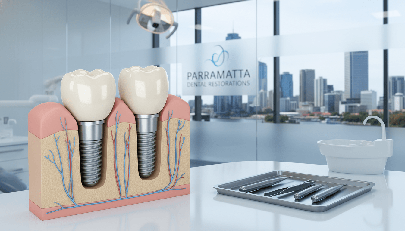 A detailed 3D medical illustration of a dental implant being placed in a jawbone, highlighting the precision and restorative nature of the procedure in Parramatta. A detailed 3D medical illustration of a dental implant being placed in a jawbone, highlighting the precision and restorative nature of the procedure in Parramatta.