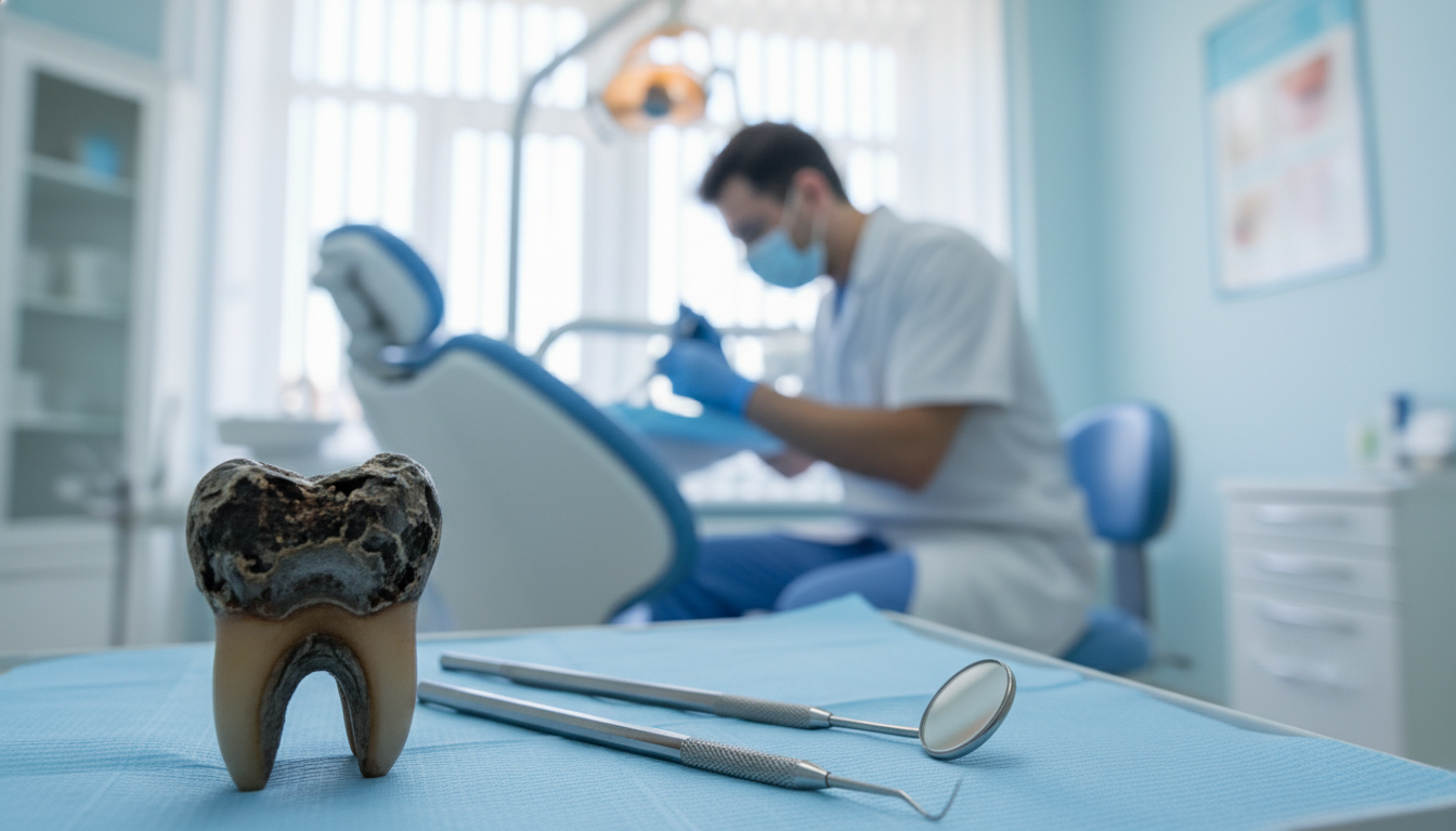 A detailed, close-up depiction of tooth decay, showcasing a decayed molar with brownish-black spots and visible cavities. Surround the tooth with a clean, clinical dental environment, including dental tools like an explorer and mirror in the foreground. In the middle ground, include a soft-focus dental chair and the outline of a dentist in professional attire, gently examining the tooth. The background features a bright, well-lit dental office with calming colors, such as light blues and whites, to create a reassuring atmosphere. Use soft, diffused lighting to highlight the tooth’s texture and color variations, emphasizing the deteriorating enamel. The image should evoke a sense of awareness and education about oral health conditions. A detailed, close-up depiction of tooth decay, showcasing a decayed molar with brownish-black spots and visible cavities. Surround the tooth with a clean, clinical dental environment, including dental tools like an explorer and mirror in the foreground. In the middle ground, include a soft-focus dental chair and the outline of a dentist in professional attire, gently examining the tooth. The background features a bright, well-lit dental office with calming colors, such as light blues and whites, to create a reassuring atmosphere. Use soft, diffused lighting to highlight the tooth’s texture and color variations, emphasizing the deteriorating enamel. The image should evoke a sense of awareness and education about oral health conditions.