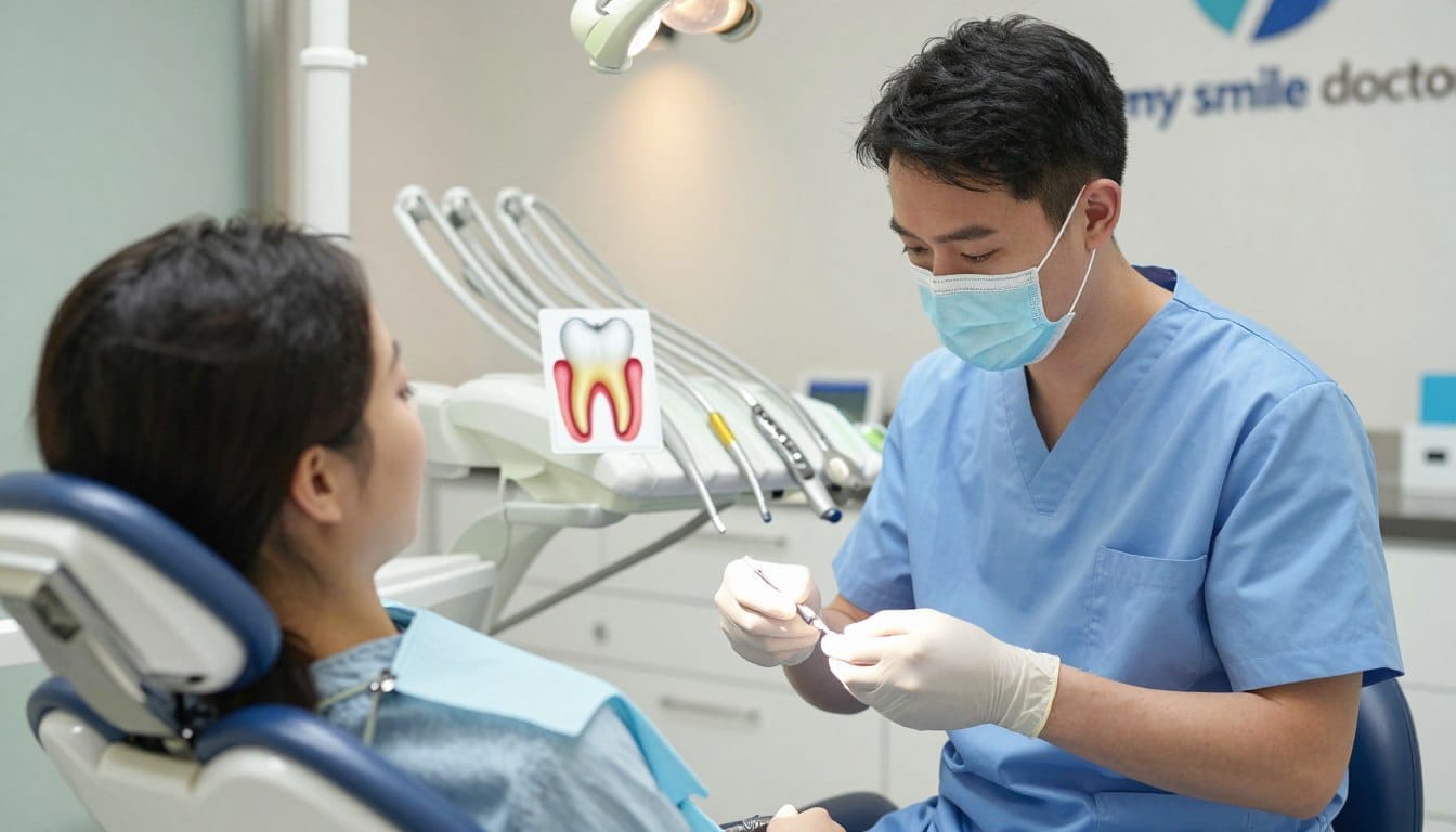 A detailed scene depicting the significance of root canal treatment for dental health, showcasing a serene dental office environment. In the foreground, a dentist wearing professional attire gently explains a root canal procedure to a patient seated in a dental chair, both expressing calmness and professionalism. In the middle, display dental tools and a diagram of a tooth highlighting the root canal process, symbolizing education and care. The background features soft, warm lighting and modern dental equipment, creating a welcoming atmosphere. The color palette should emphasize soothing blues and whites, promoting a sense of cleanliness and trust. Incorporate soft shadows for depth, and include the brand name "my smile doctors" subtly on a wall in the background, ensuring a clean and focused image without distractions. A detailed scene depicting the significance of root canal treatment for dental health, showcasing a serene dental office environment. In the foreground, a dentist wearing professional attire gently explains a root canal procedure to a patient seated in a dental chair, both expressing calmness and professionalism. In the middle, display dental tools and a diagram of a tooth highlighting the root canal process, symbolizing education and care. The background features soft, warm lighting and modern dental equipment, creating a welcoming atmosphere. The color palette should emphasize soothing blues and whites, promoting a sense of cleanliness and trust. Incorporate soft shadows for depth, and include the brand name "my smile doctors" subtly on a wall in the background, ensuring a clean and focused image without distractions.