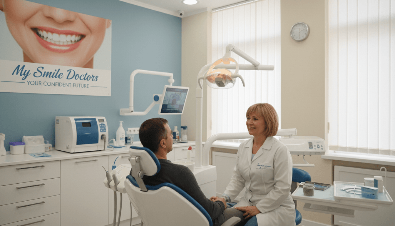 A friendly and approachable dental implant specialist in a well-lit clinic interior displaying a soothing color palette of soft blues and whites. The specialist, a middle-aged professional wearing a crisp white coat and a gentle smile, is seen consulting with a patient seated comfortably in a modern dental chair. In the background, dental tools and a radiant smile poster are visible, enhancing the atmosphere of care and professionalism. The lighting is warm and inviting, creating a reassuring ambiance. The image should convey trust, compassion, and expertise, capturing the essence of "my smile doctors." The composition should be captured at eye level with a slight depth of field to keep the focus on the interaction between the specialist and the patient. A friendly and approachable dental implant specialist in a well-lit clinic interior displaying a soothing color palette of soft blues and whites. The specialist, a middle-aged professional wearing a crisp white coat and a gentle smile, is seen consulting with a patient seated comfortably in a modern dental chair. In the background, dental tools and a radiant smile poster are visible, enhancing the atmosphere of care and professionalism. The lighting is warm and inviting, creating a reassuring ambiance. The image should convey trust, compassion, and expertise, capturing the essence of "my smile doctors." The composition should be captured at eye level with a slight depth of field to keep the focus on the interaction between the specialist and the patient.