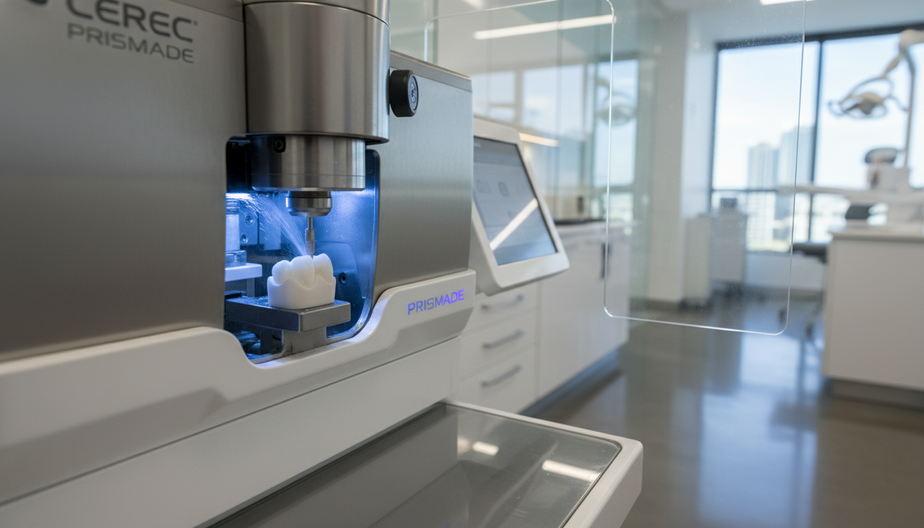 A high-precision dental milling machine in a modern Parramatta clinic, crafting a translucent ceramic dental crown from a solid porcelain block, cinematic lighting, medical-grade technology. A high-precision dental milling machine in a modern Parramatta clinic, crafting a translucent ceramic dental crown from a solid porcelain block, cinematic lighting, medical-grade technology.