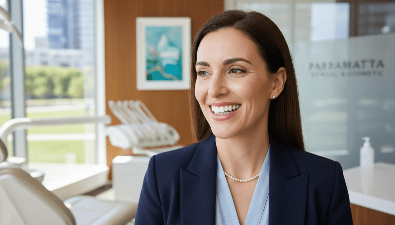A high-quality, close-up photo of a patient's bright white smile in a modern, sunlit Parramatta dental clinic, showing natural results and a comfortable atmosphere. A high-quality, close-up photo of a patient's bright white smile in a modern, sunlit Parramatta dental clinic, showing natural results and a comfortable atmosphere.
