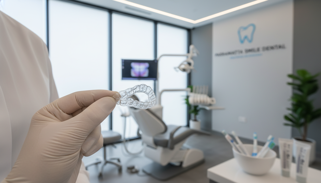 A high-quality, close-up photograph of a clear Invisalign aligner being held by a hand in a modern, sunlit Parramatta dental clinic, showcasing the transparency and sleek design of the orthodontic device. A high-quality, close-up photograph of a clear Invisalign aligner being held by a hand in a modern, sunlit Parramatta dental clinic, showcasing the transparency and sleek design of the orthodontic device.