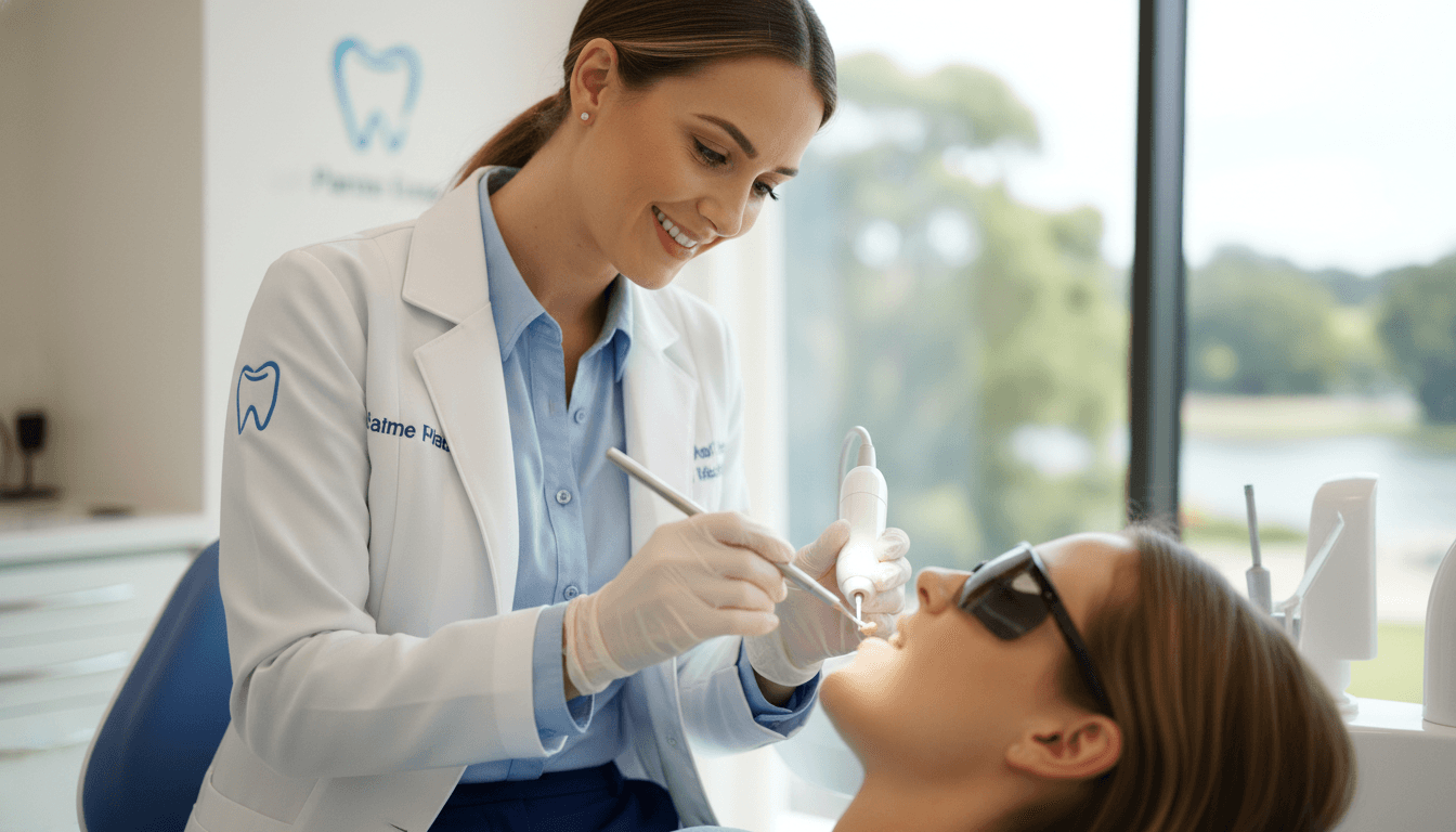 A high-quality, close-up photograph of a friendly dentist in a modern Parramatta clinic gently applying a tooth-coloured resin to a patient's tooth, soft natural lighting, professional and caring atmosphere. A high-quality, close-up photograph of a friendly dentist in a modern Parramatta clinic gently applying a tooth-coloured resin to a patient's tooth, soft natural lighting, professional and caring atmosphere.