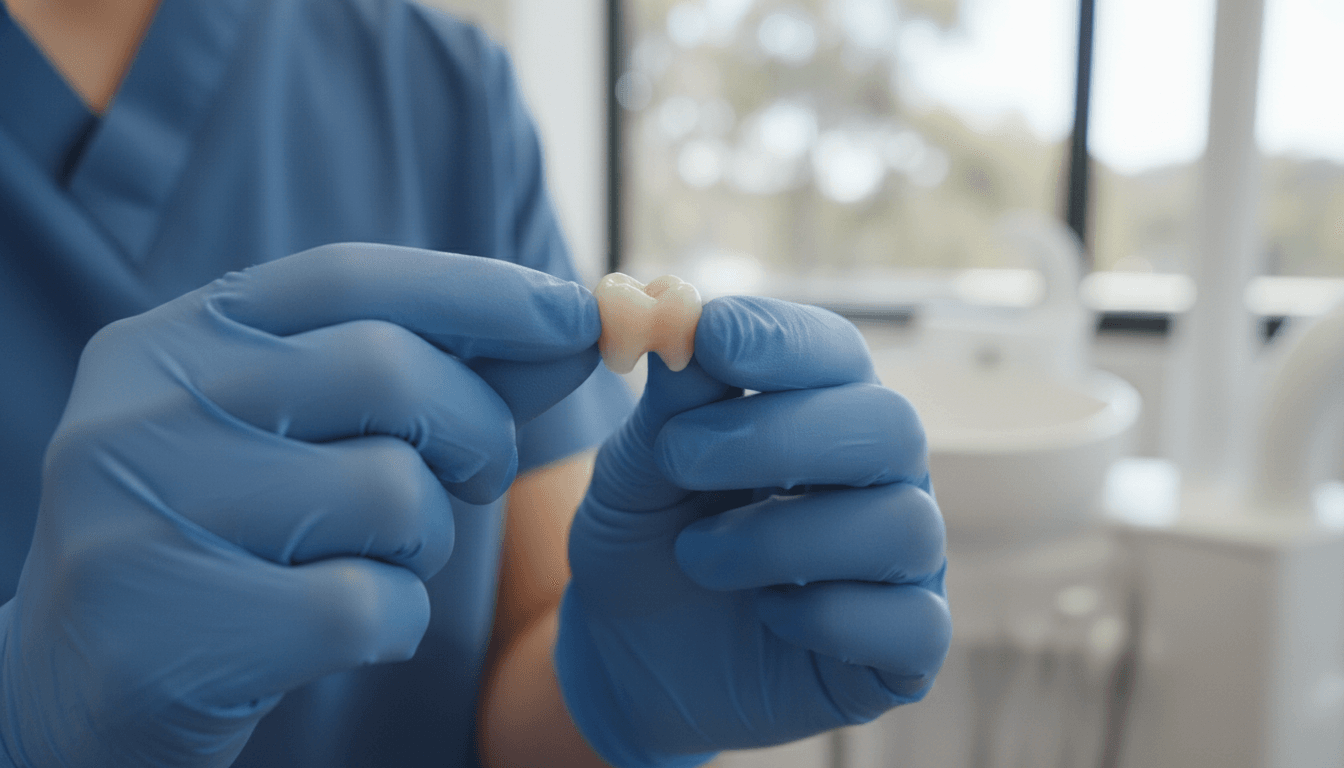 A high-quality, close-up photograph of a natural-looking porcelain dental crown being held by a dentist wearing blue clinical gloves, set against the soft-focus background of a modern Australian dental surgery. A high-quality, close-up photograph of a natural-looking porcelain dental crown being held by a dentist wearing blue clinical gloves, set against the soft-focus background of a modern Australian dental surgery.