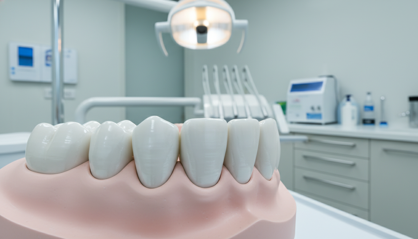 A high-quality, close-up photograph of a professional dental crown and bridge restoration made of white porcelain, placed on a dental model, showcasing a natural and realistic texture, bright clinical lighting, Australian dental clinic setting. A high-quality, close-up photograph of a professional dental crown and bridge restoration made of white porcelain, placed on a dental model, showcasing a natural and realistic texture, bright clinical lighting, Australian dental clinic setting.