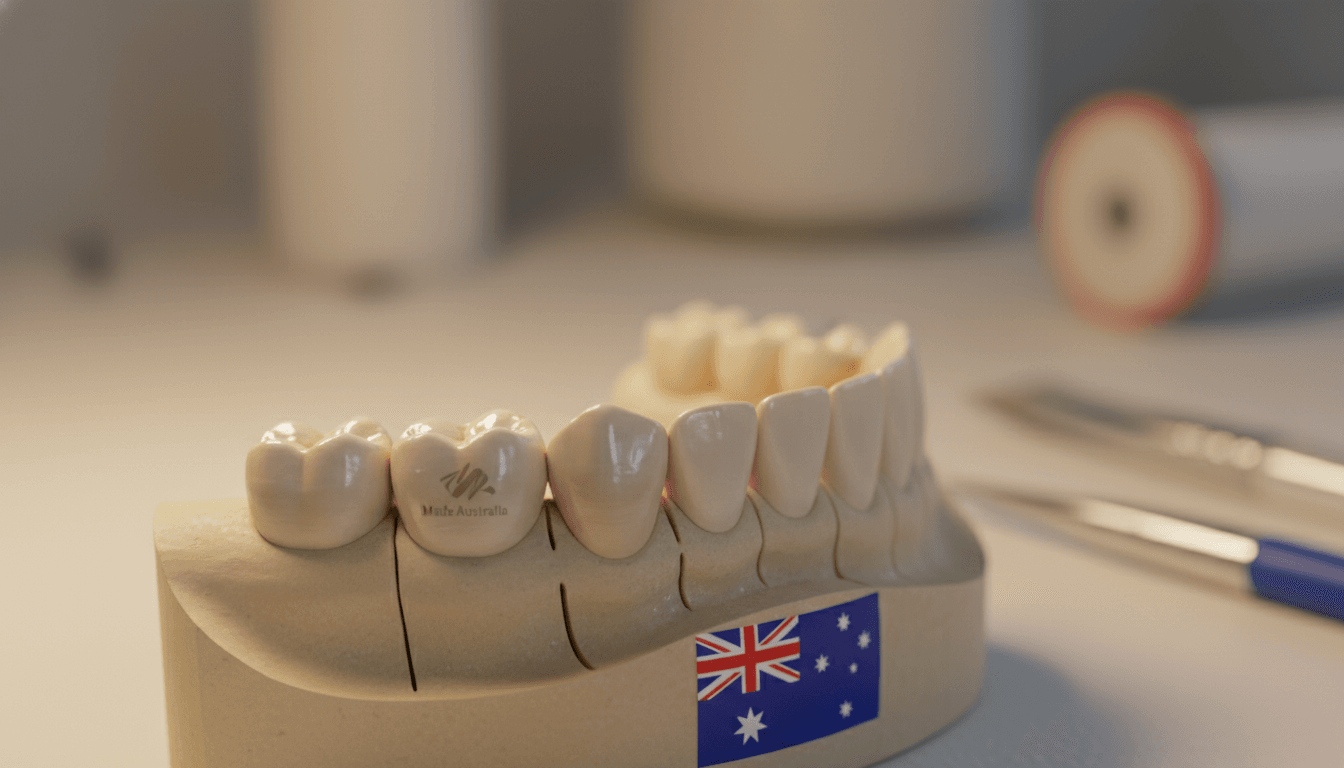 A high-quality, close-up photograph of a realistic dental crown made of porcelain, placed on a dental model, showing natural texture and Australian-made craftsmanship, soft clinical lighting, warm professional atmosphere. A high-quality, close-up photograph of a realistic dental crown made of porcelain, placed on a dental model, showing natural texture and Australian-made craftsmanship, soft clinical lighting, warm professional atmosphere.