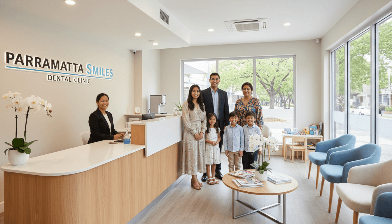 A high-quality photo of a friendly Parramatta dental clinic reception area with a diverse, smiling family representing different ages. A high-quality photo of a friendly Parramatta dental clinic reception area with a diverse, smiling family representing different ages.