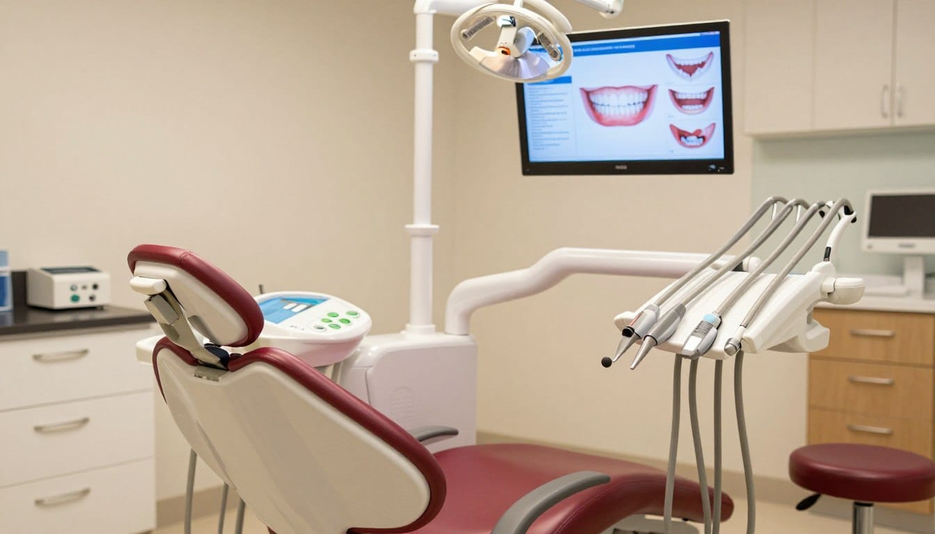 A high-quality photo of a modern, sunlit dental surgery in Parramatta, featuring a comfortable dental chair and a digital screen displaying oral health education, creating a warm and reassuring atmosphere. A high-quality photo of a modern, sunlit dental surgery in Parramatta, featuring a comfortable dental chair and a digital screen displaying oral health education, creating a warm and reassuring atmosphere.