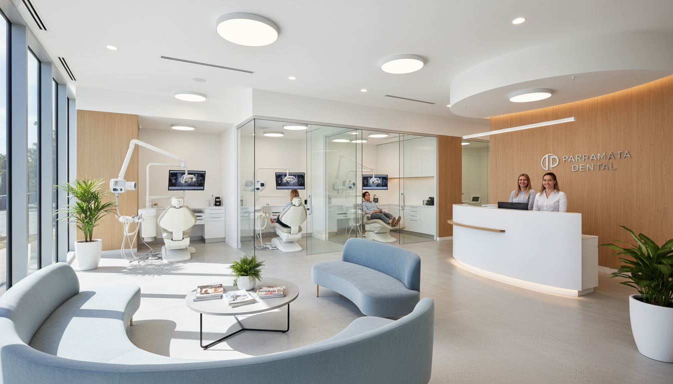 A high-quality photo of a modern, welcoming dental clinic interior in Parramatta, featuring comfortable chairs and advanced dental technology in a bright, clean room. A high-quality photo of a modern, welcoming dental clinic interior in Parramatta, featuring comfortable chairs and advanced dental technology in a bright, clean room.