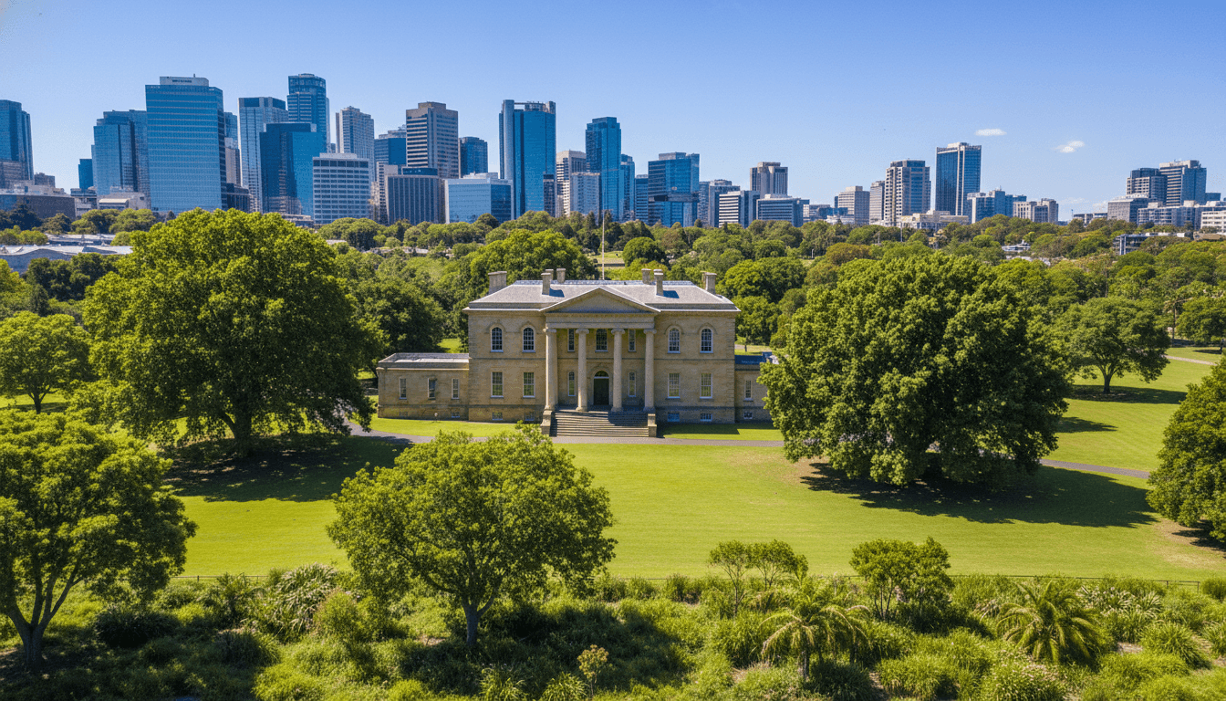 A high-quality photo of the historic Old Government House in Parramatta, surrounded by lush green parkland and modern city buildings under a clear blue sky. A high-quality photo of the historic Old Government House in Parramatta, surrounded by lush green parkland and modern city buildings under a clear blue sky.