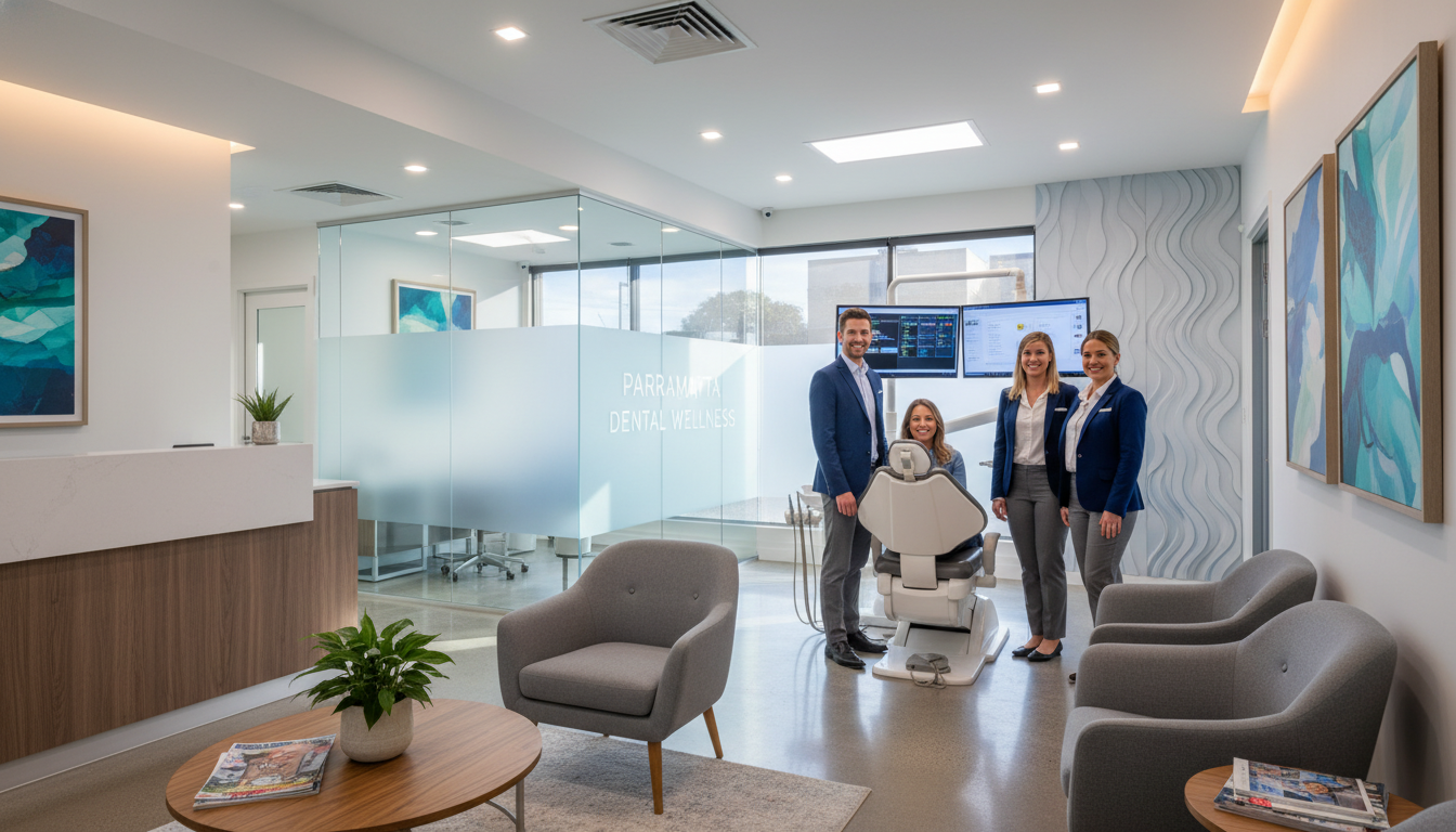 A high-quality, photorealistic image of a modern and welcoming dental clinic interior in Parramatta, featuring warm lighting, comfortable dental chairs, and a friendly dental team smiling at a patient, Australian medical setting. A high-quality, photorealistic image of a modern and welcoming dental clinic interior in Parramatta, featuring warm lighting, comfortable dental chairs, and a friendly dental team smiling at a patient, Australian medical setting.
