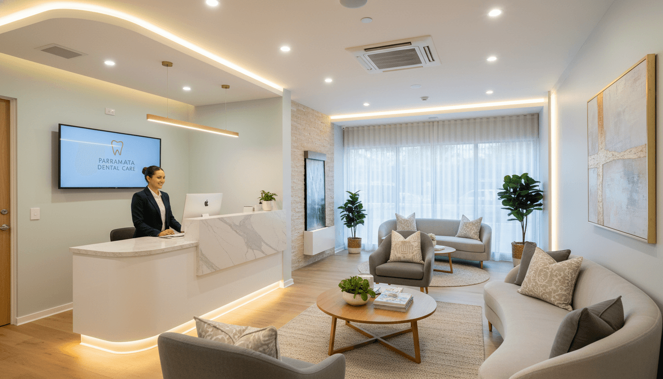 A high-quality, photorealistic image of a welcoming dental reception area in Parramatta, featuring warm lighting, comfortable seating, and a friendly atmosphere that reduces anxiety.
