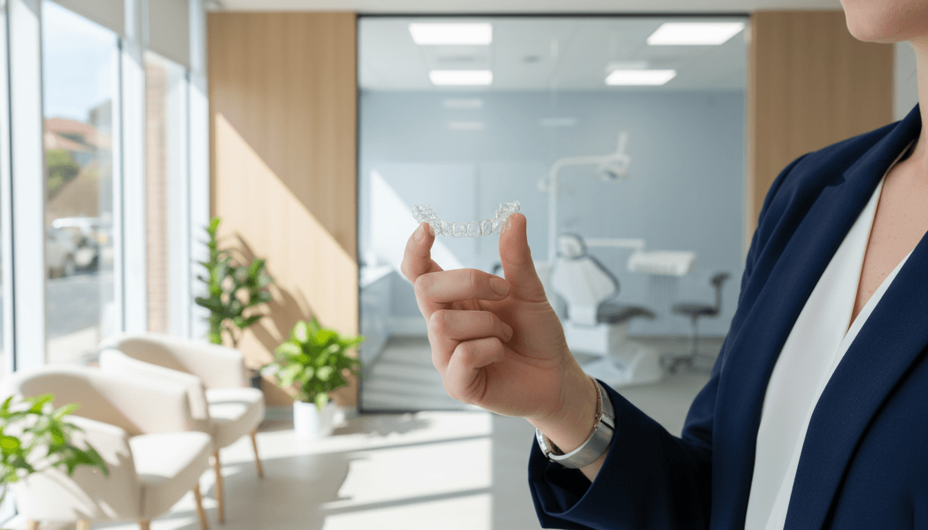 A high-quality, professional photo of a clear Invisalign aligner being held by a hand in a modern, bright dental clinic in Parramatta, soft lighting, warm and inviting atmosphere. A high-quality, professional photo of a clear Invisalign aligner being held by a hand in a modern, bright dental clinic in Parramatta, soft lighting, warm and inviting atmosphere.