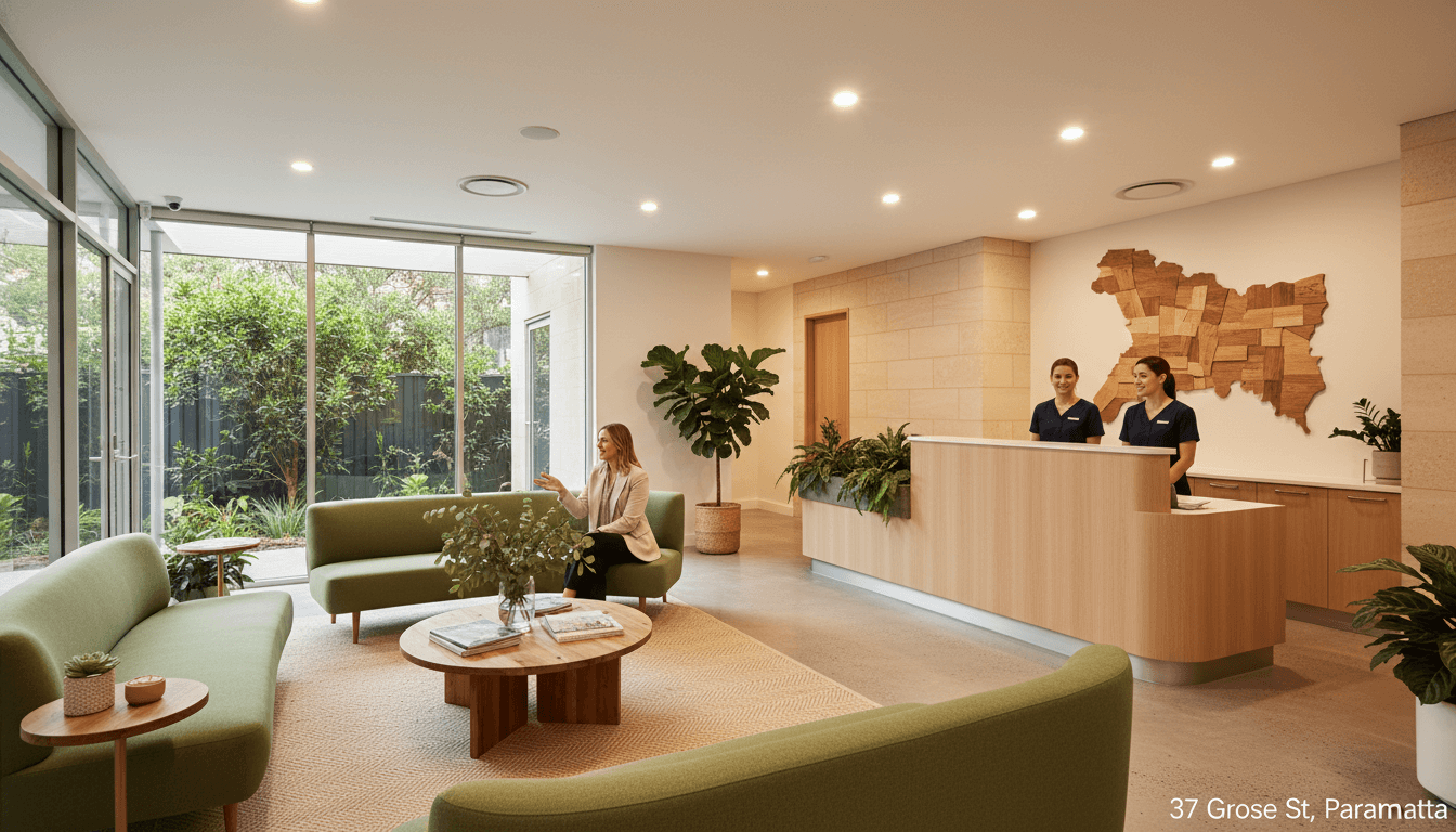 A high-quality, professional photograph of a modern and welcoming dental clinic reception at 37 Grose St, Parramatta, featuring warm lighting, comfortable seating, and a friendly atmosphere, Australian interior design style.